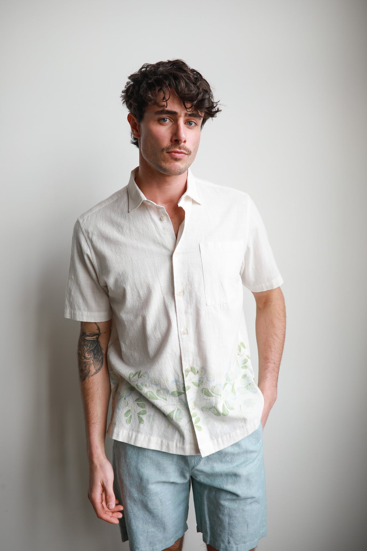 Green Floral Short Sleeve Piece Collar Shirt