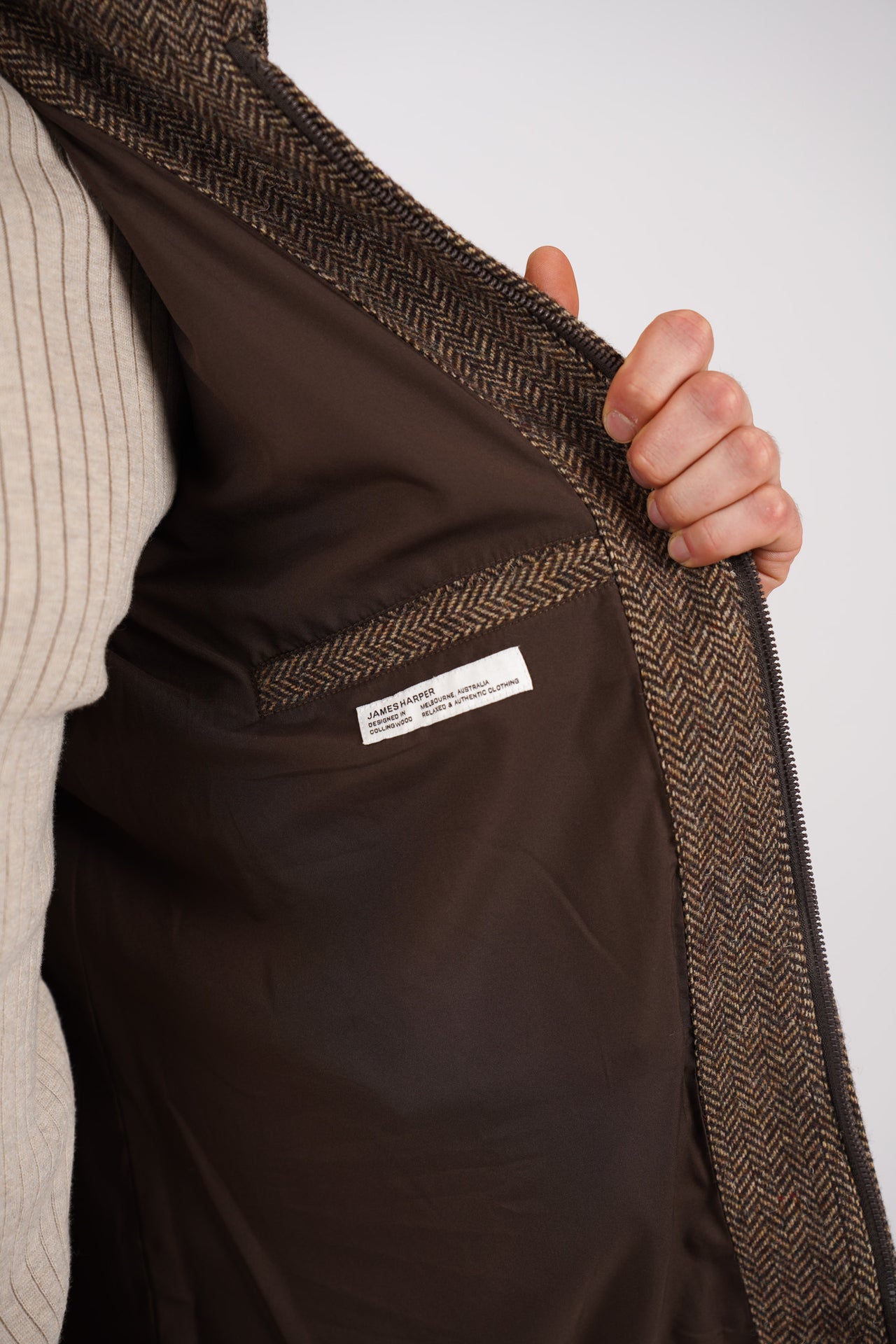 Brown Herringbone Zip Jacket