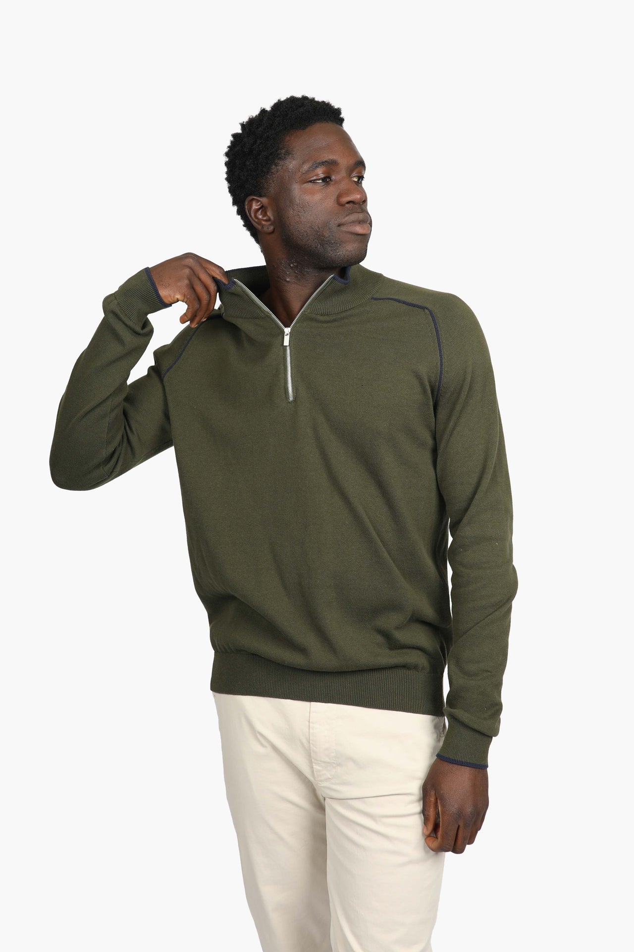 Olive Cotton 1/4 Zip Contrast Piping Jumper