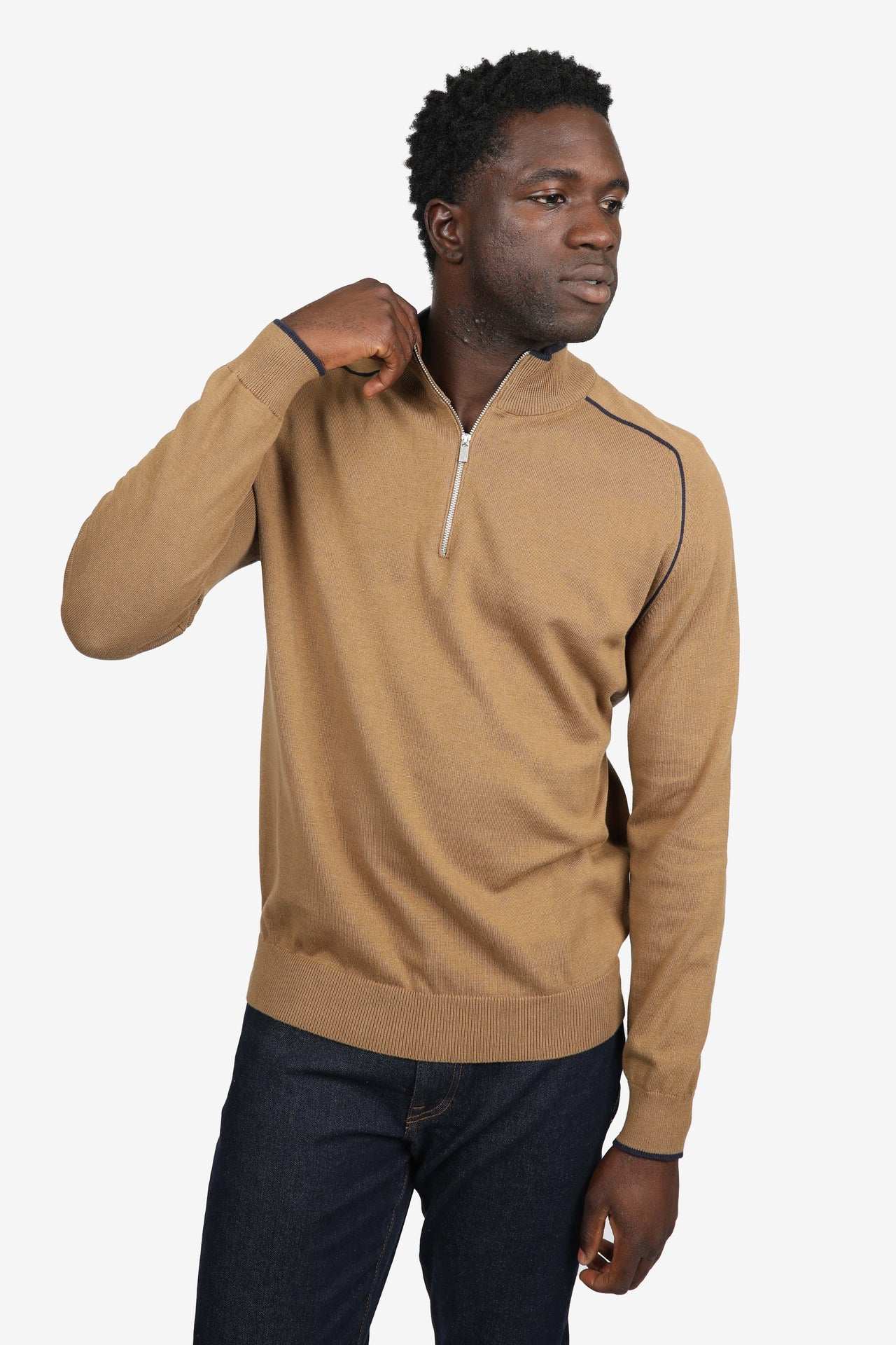 Tobacco Cotton 1/4 Zip Contrast Piping Jumper