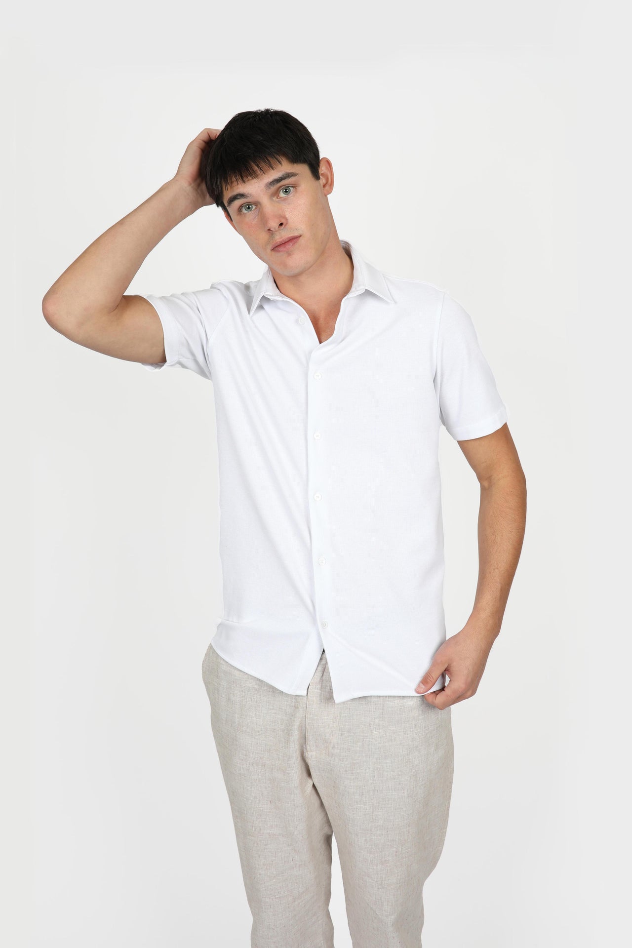 White Knitted Waffle Shirt