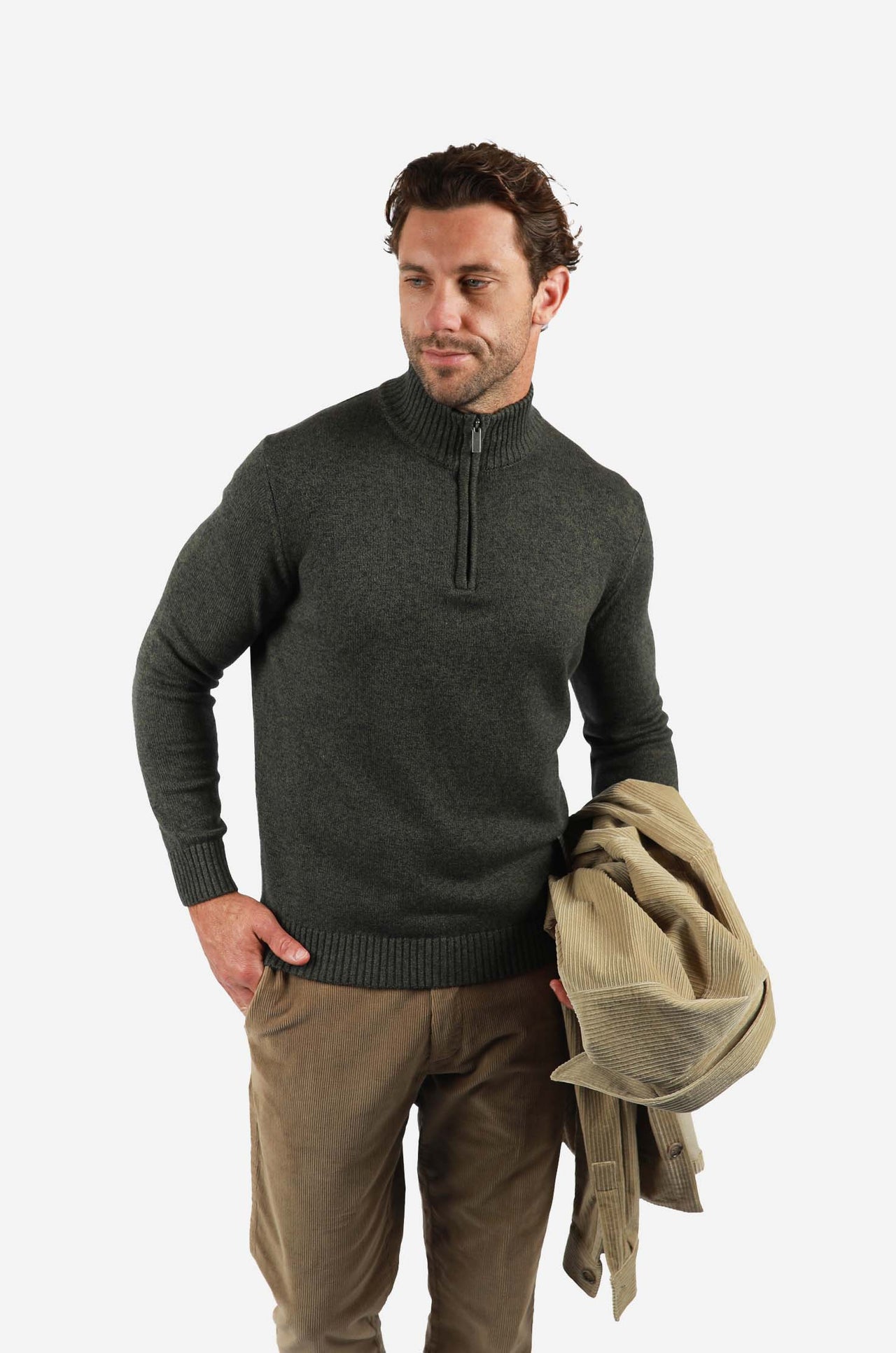 Olive 1/4 Zip Marle Cotton Knitwear