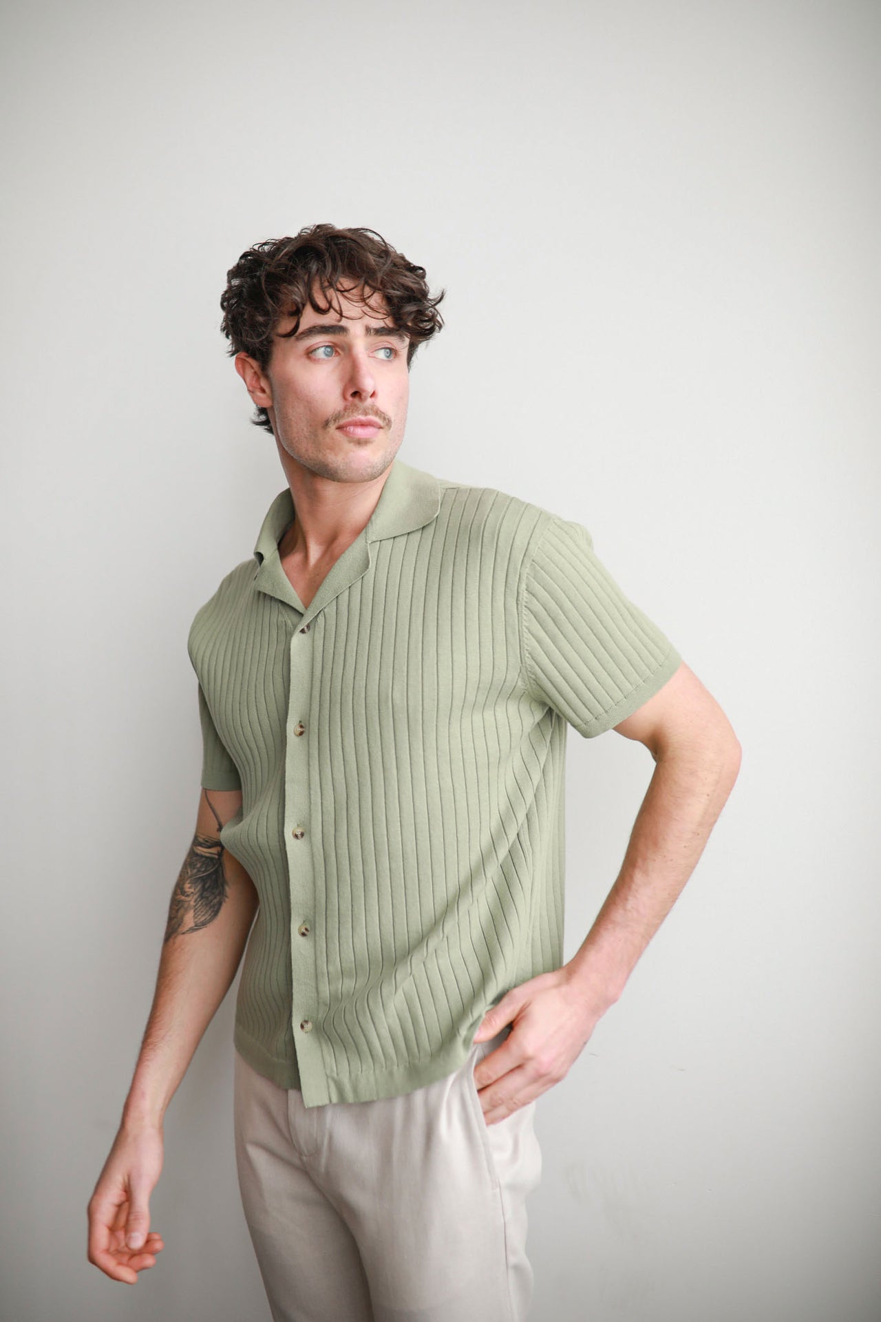 Sage Rib Button Through Shirt