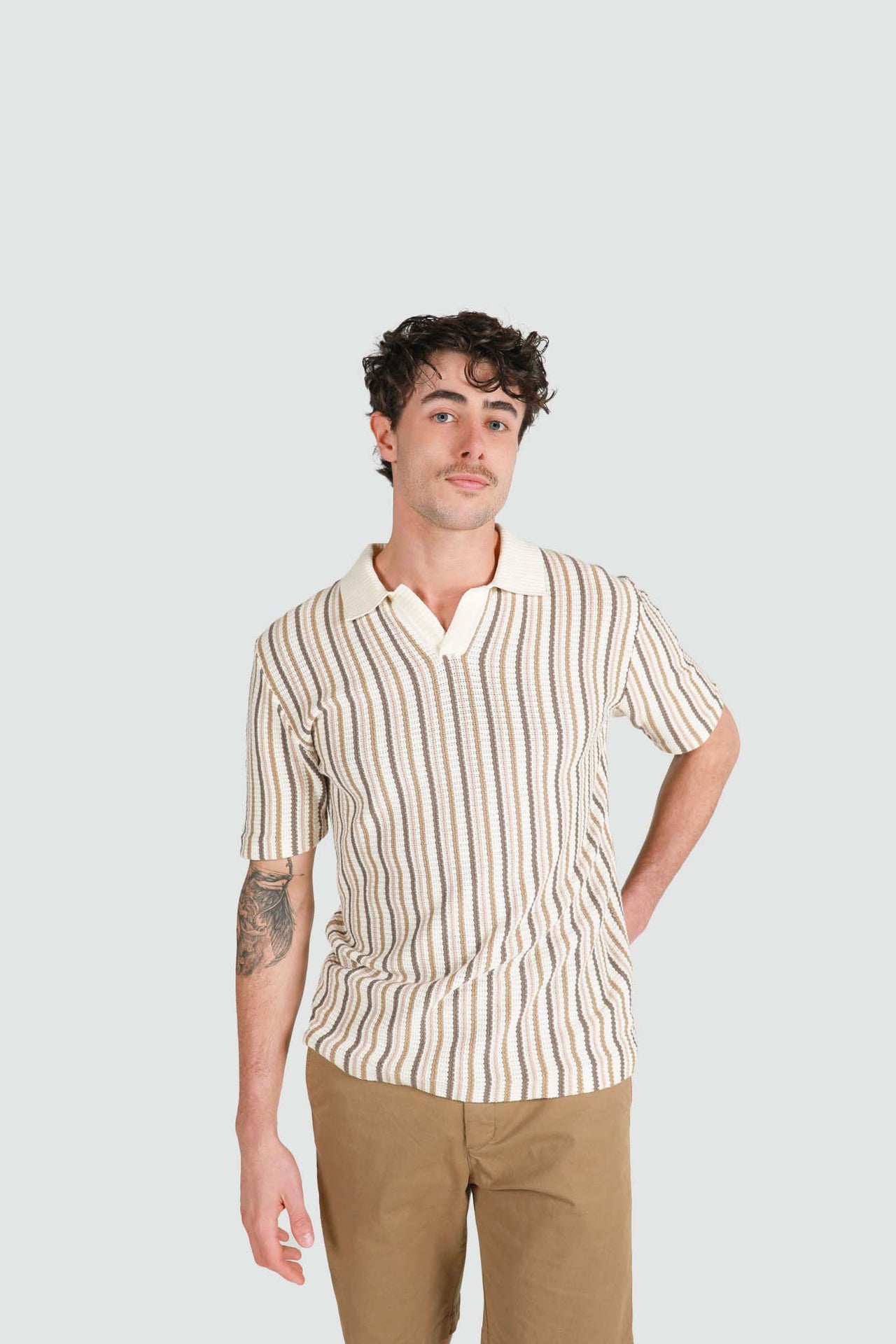 Natural Striped Open Neck Polo Knit Shirt