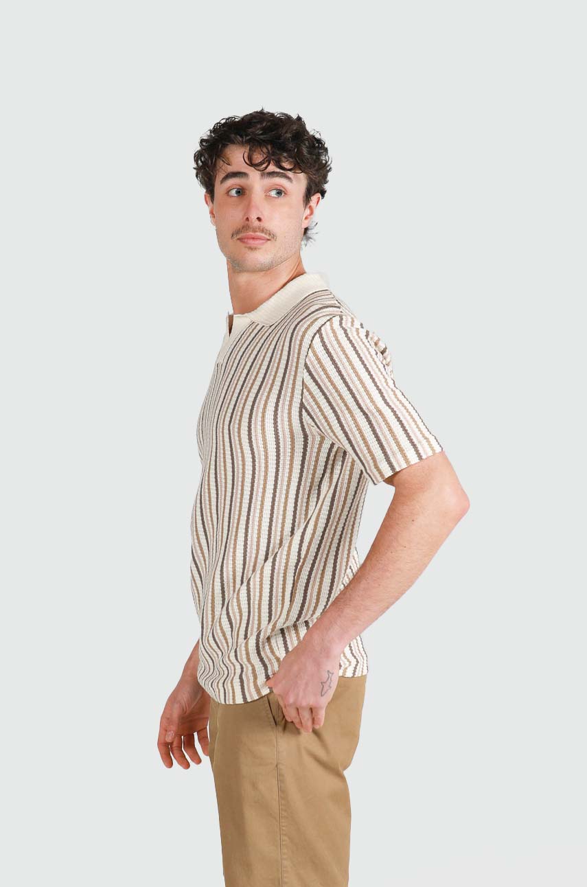 Natural Striped Open Neck Polo Knit Shirt