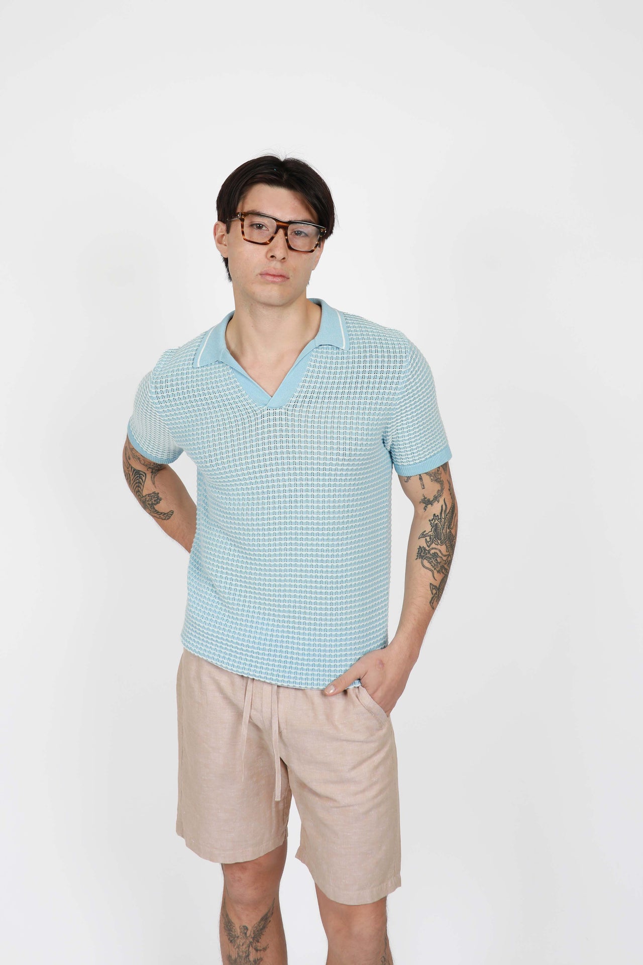 Blue Open Neck Polo Knit Shirt