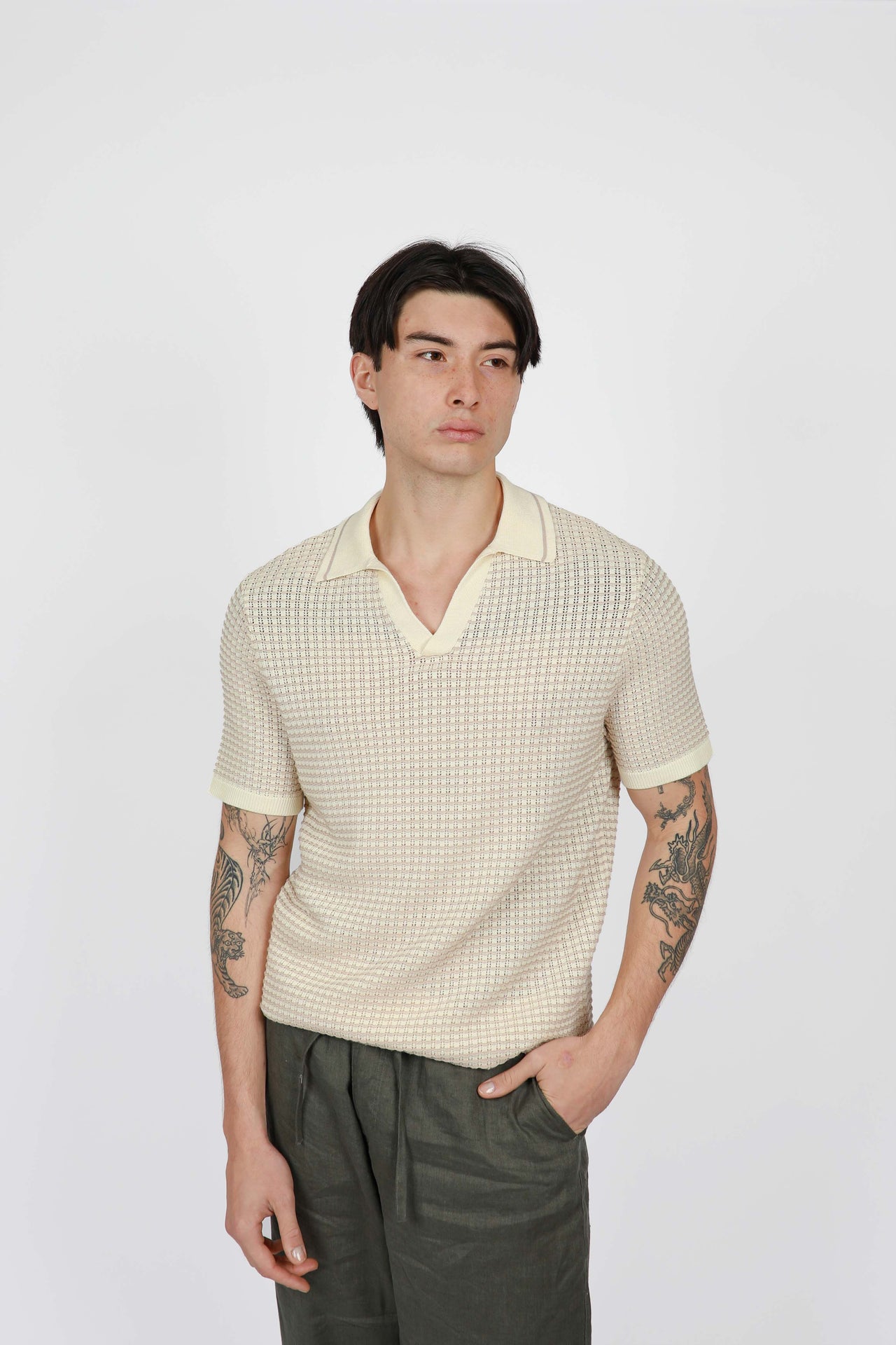 Natural Open Neck Polo Knit Shirt