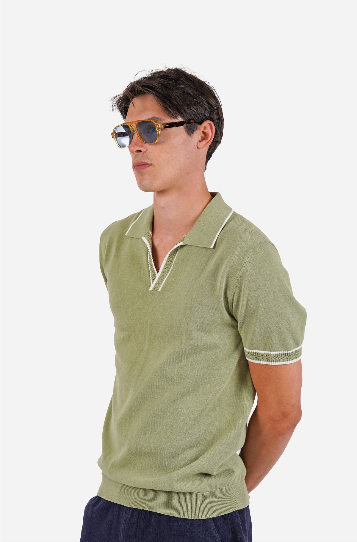 Short Sleeve Cotton Open Neck Polo Sage