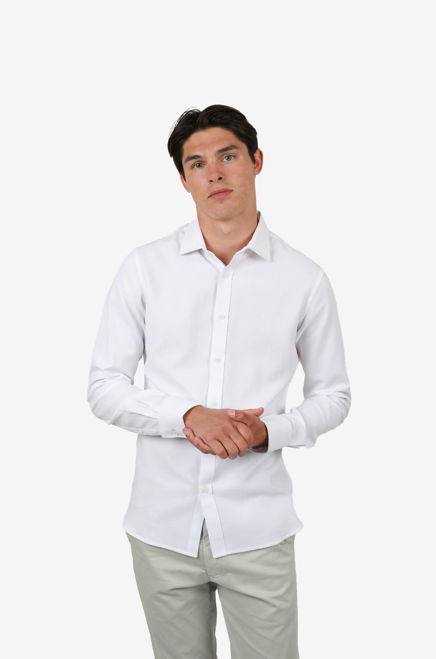 Men's Waffle Button-Down Shirt – Long Sleeve Casual Dress Shirt, Polyester-Spandex Blend