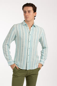  Aqua Variegated Stripe Linen Shirt