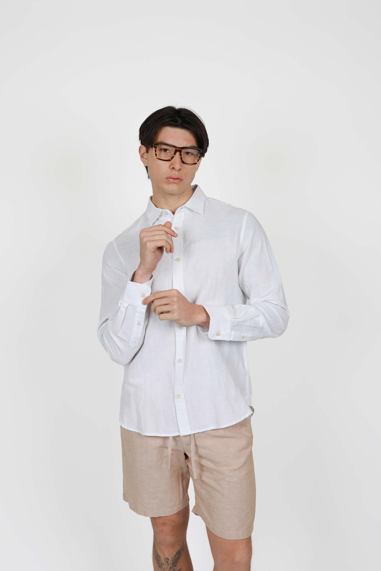 White Long Sleeve Linen Blend Shirt
