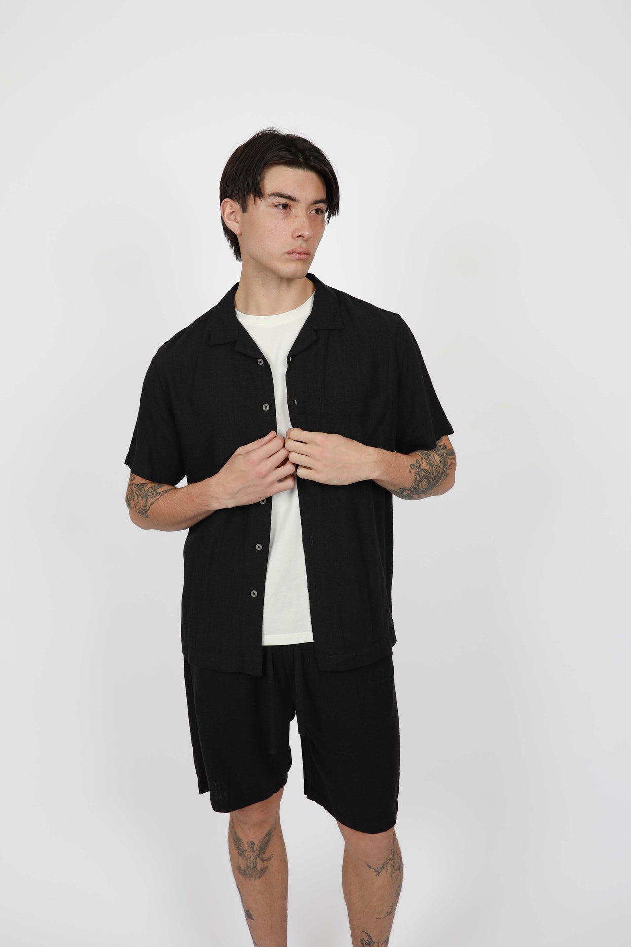 Black Cuban Collar Short Sleeve Linen Shirt