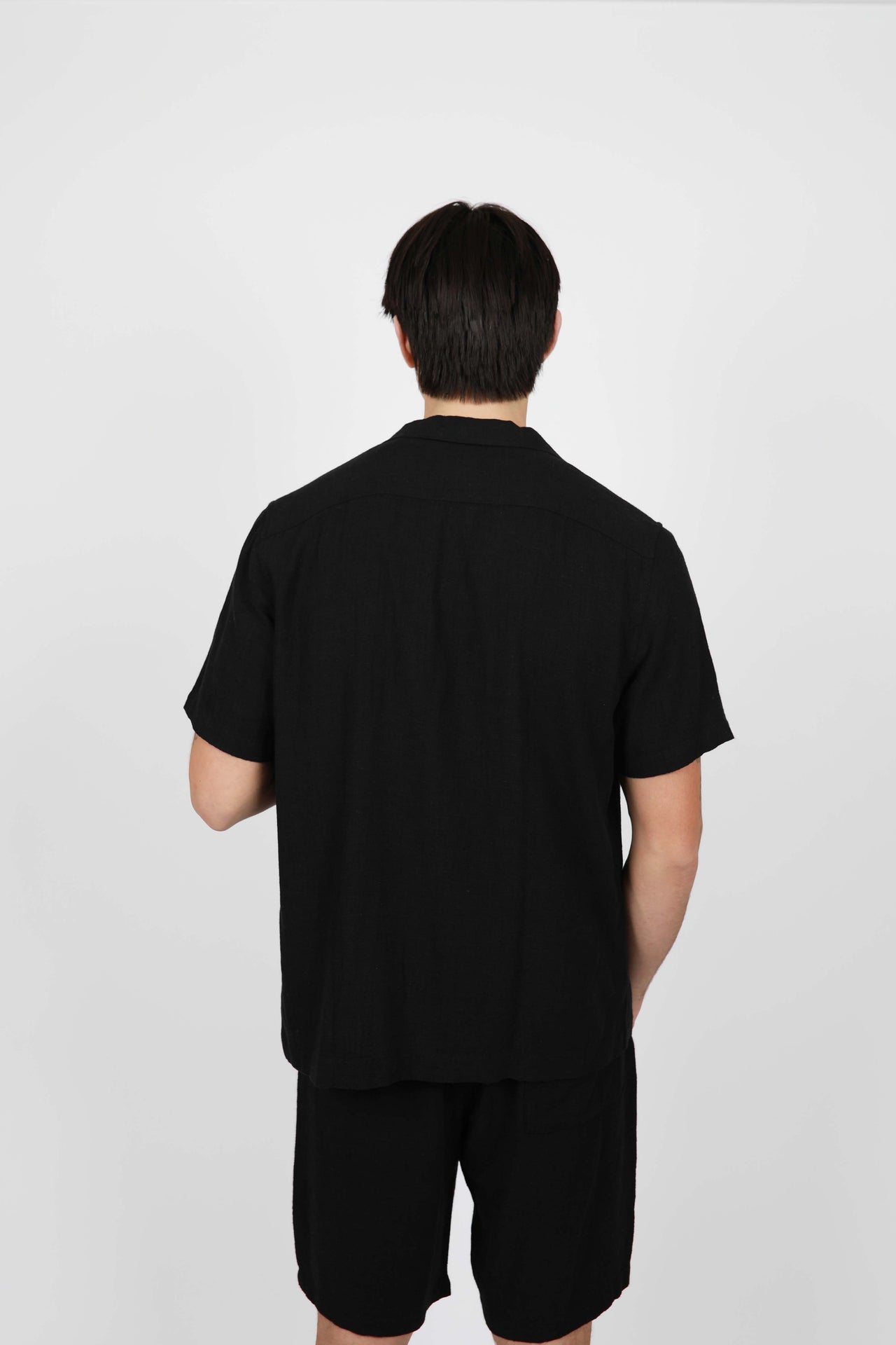 Black Cuban Collar Short Sleeve Linen Shirt