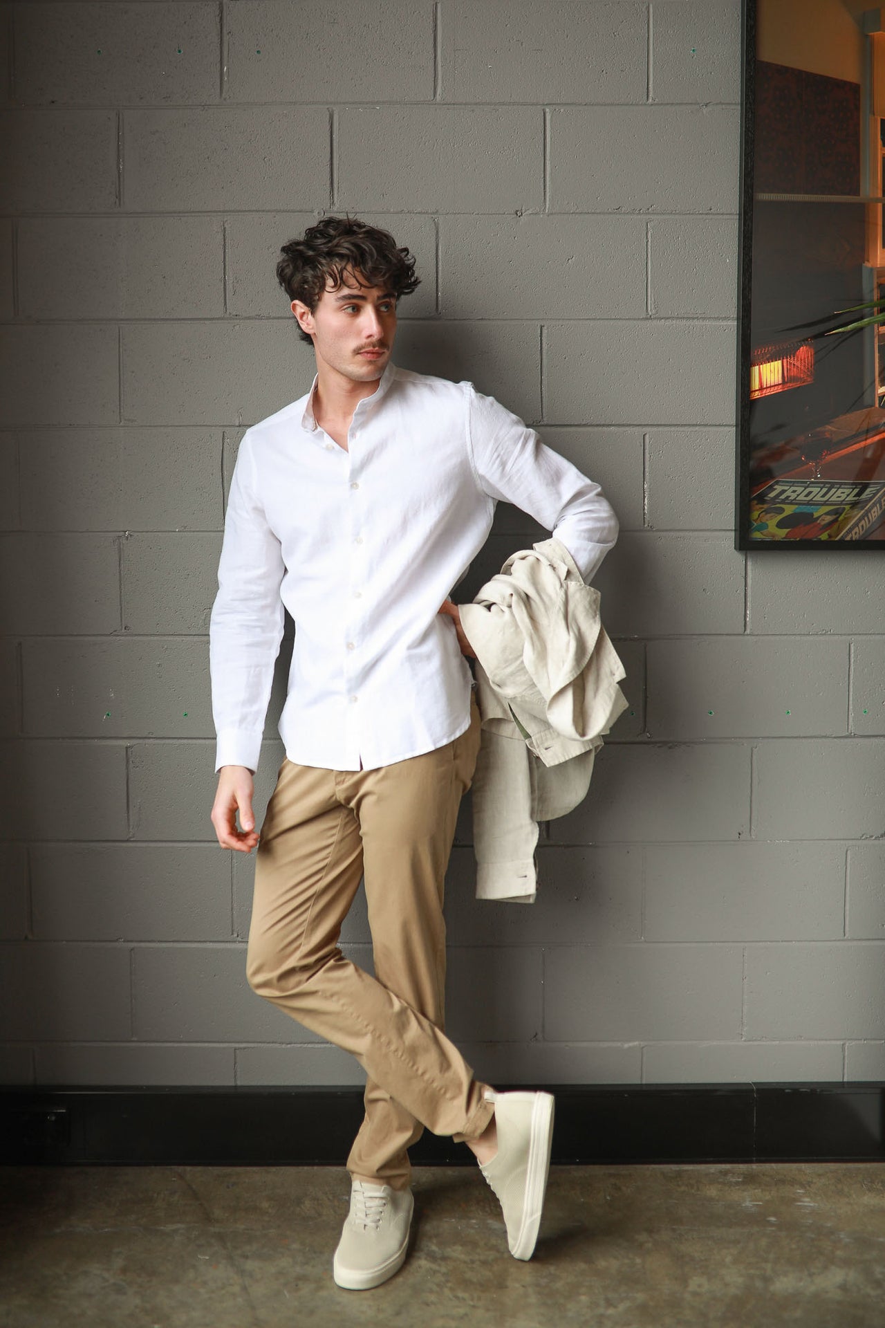 White Long Sleeve Linen Blend Grandpa Collar Shirt