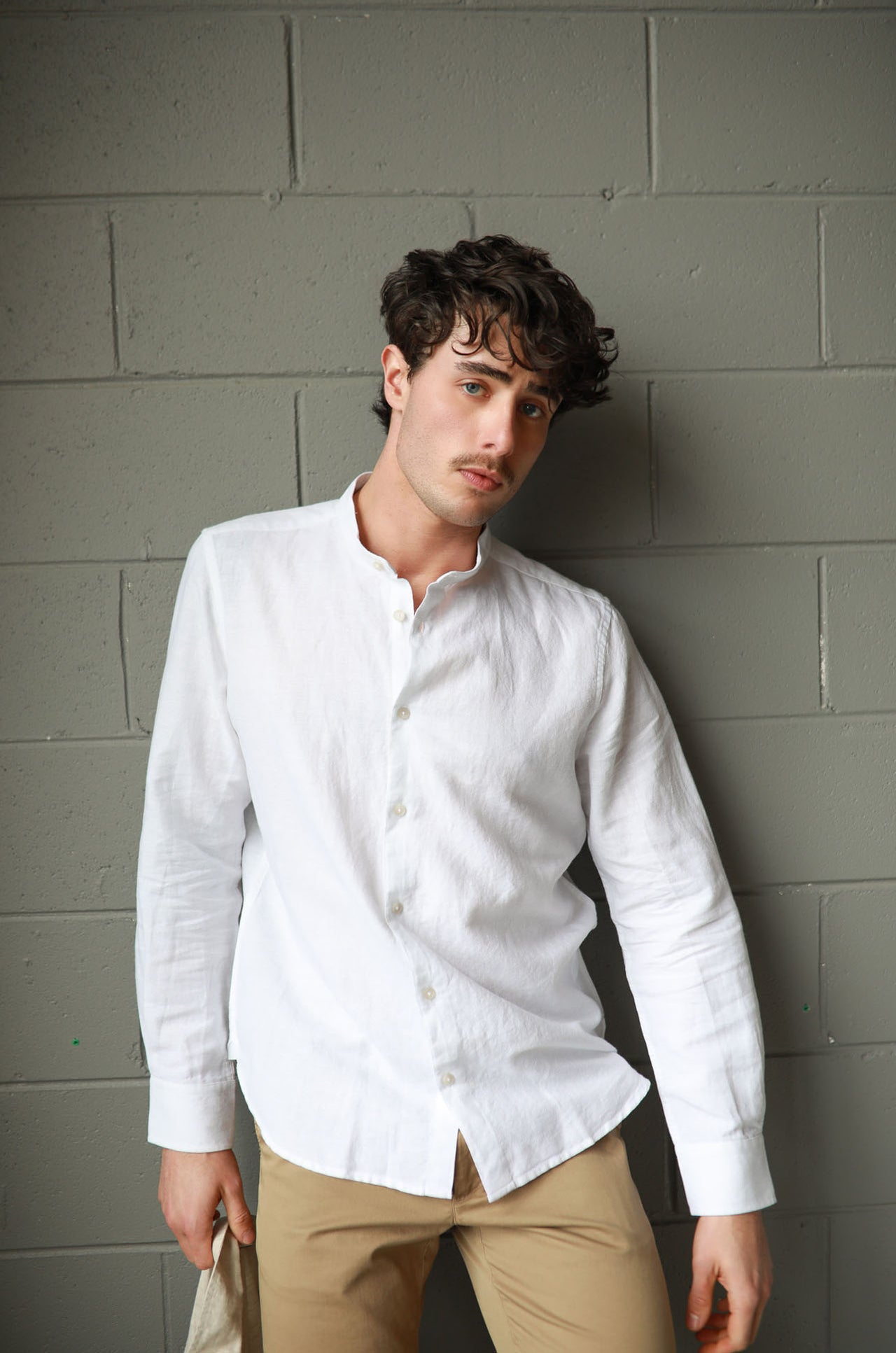 White Long Sleeve Linen Blend Grandpa Collar Shirt