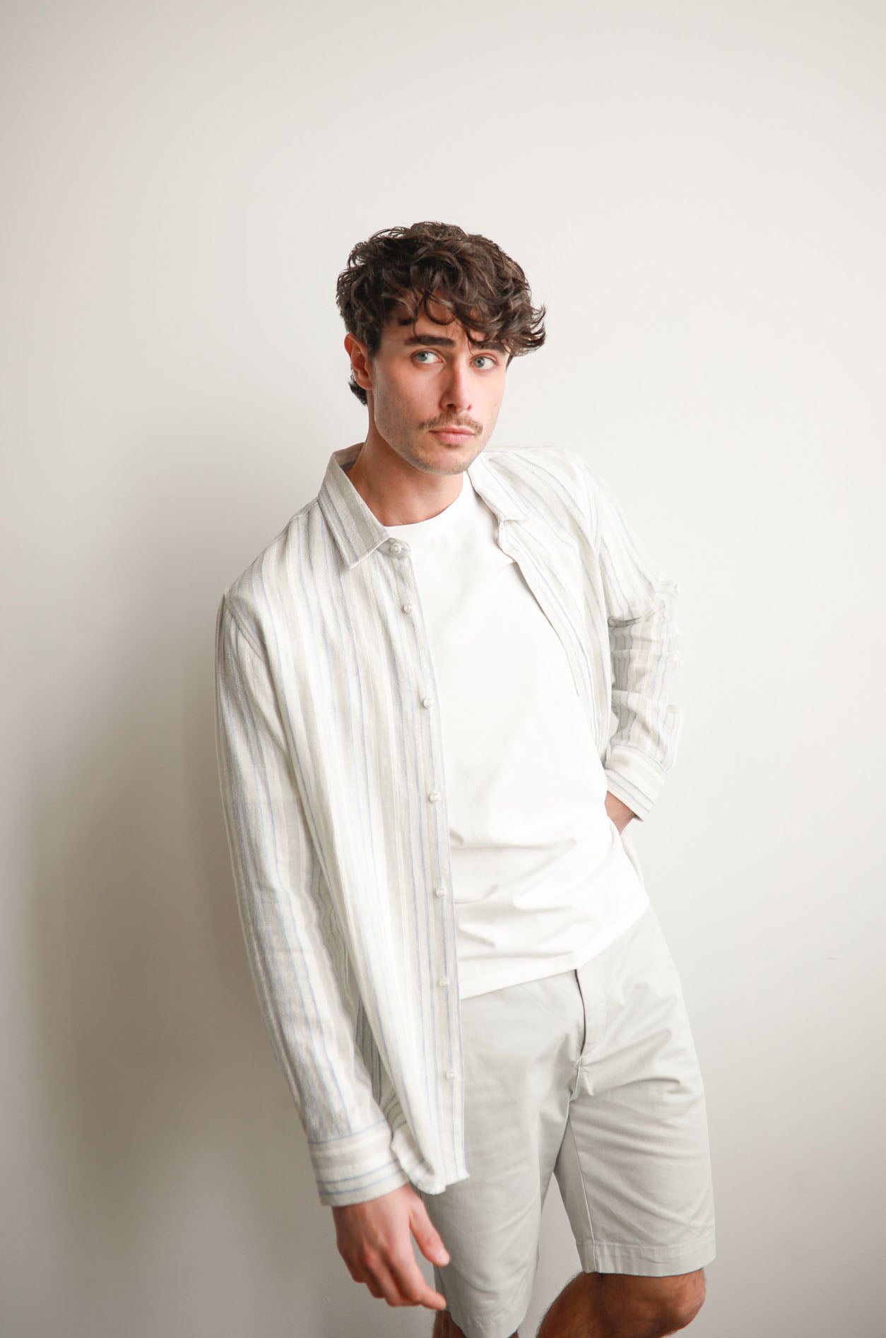Faded Blue Textured Stripe Long Sleeve Linen Shirt