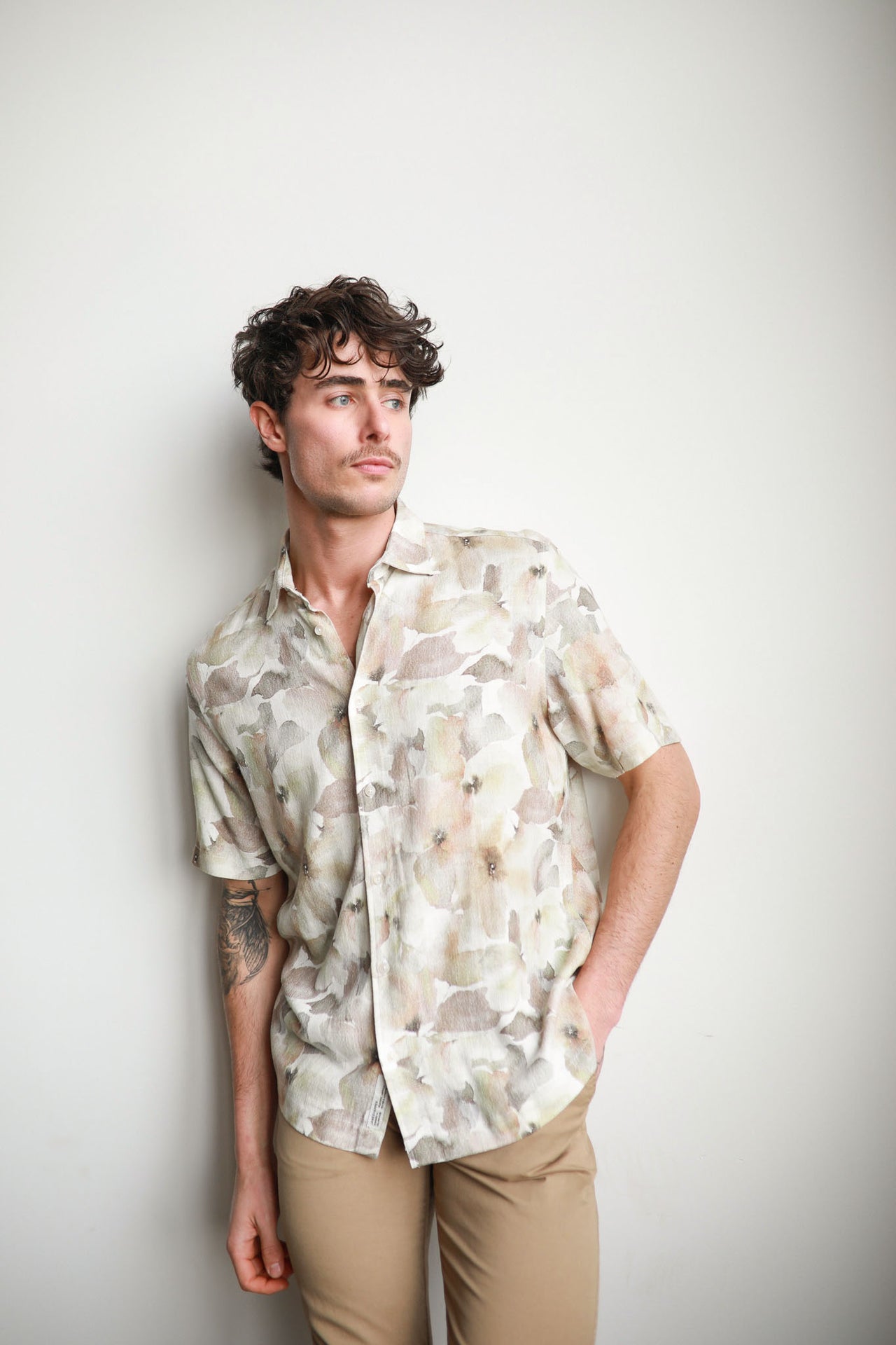 Natural Floral Short Sleeve Watercolour Linen Shirt