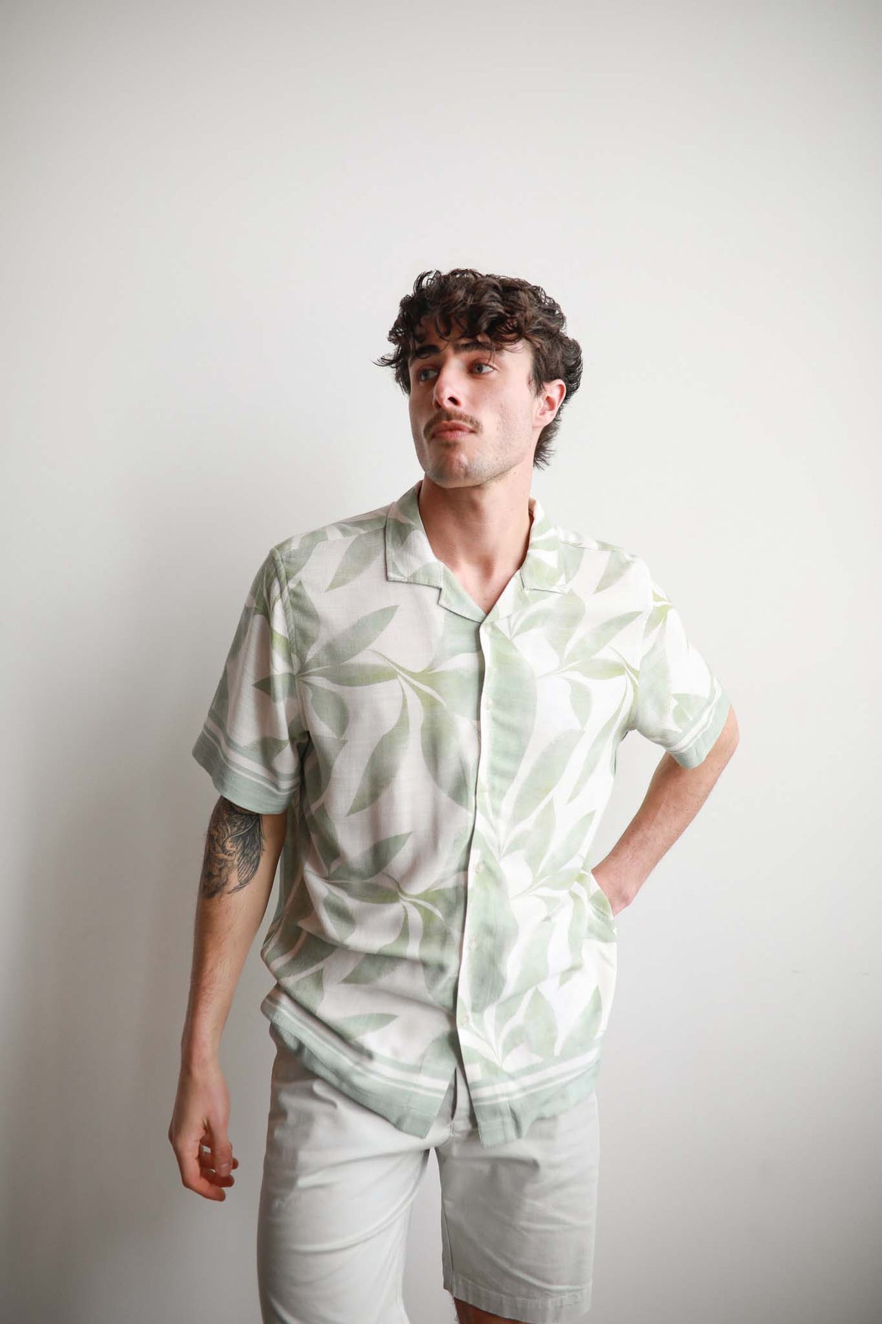 Sage Banana Leaf Border Cuban Collar Shirt