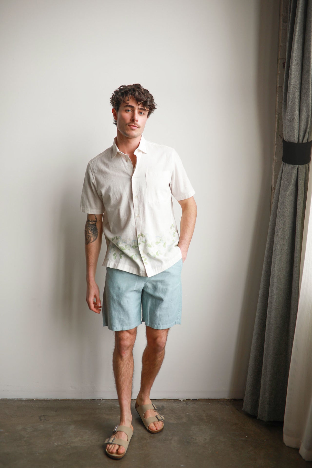 Green Floral Short Sleeve Piece Collar Shirt