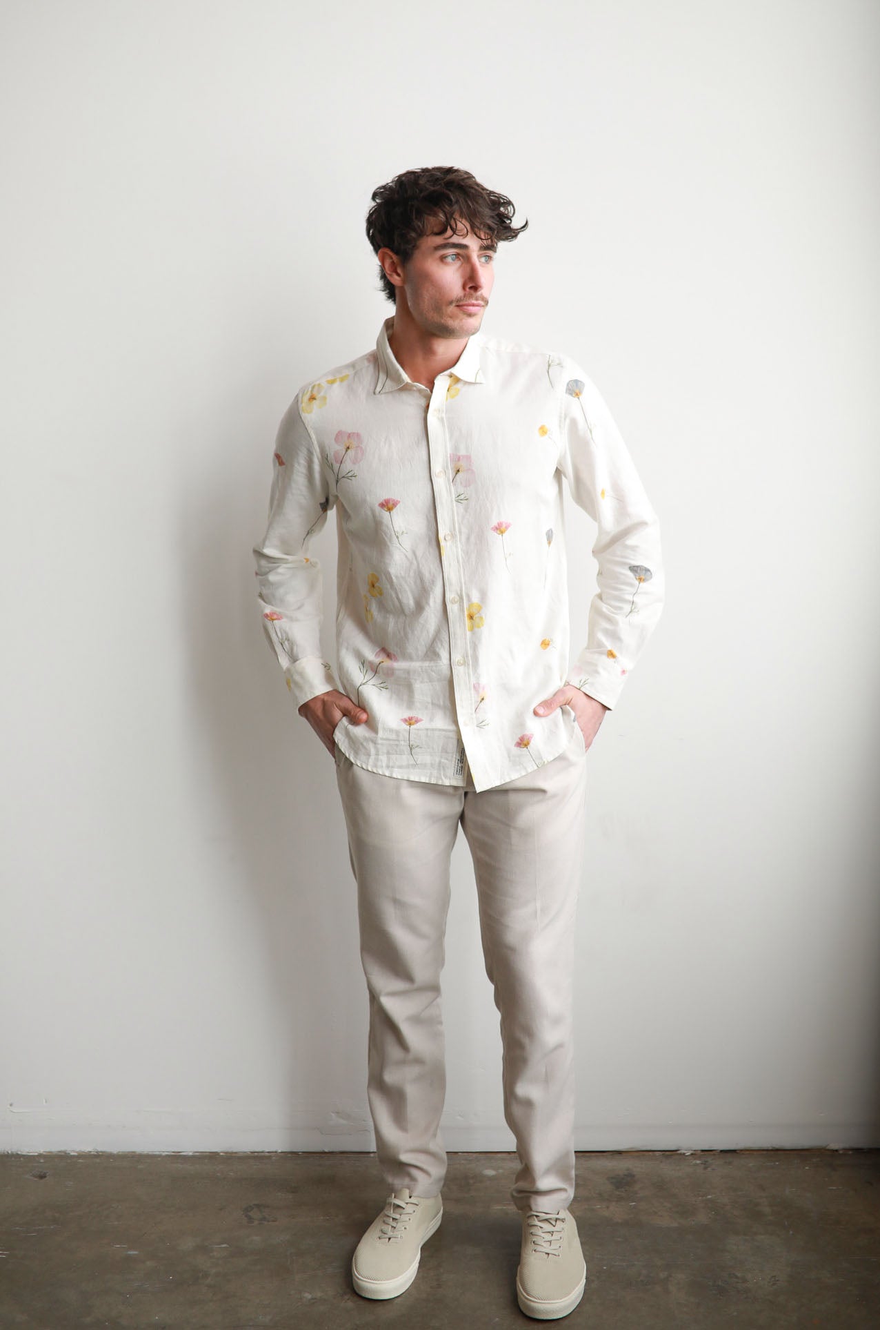 Multi Pressed Flower Long Sleeve Linen Shirt