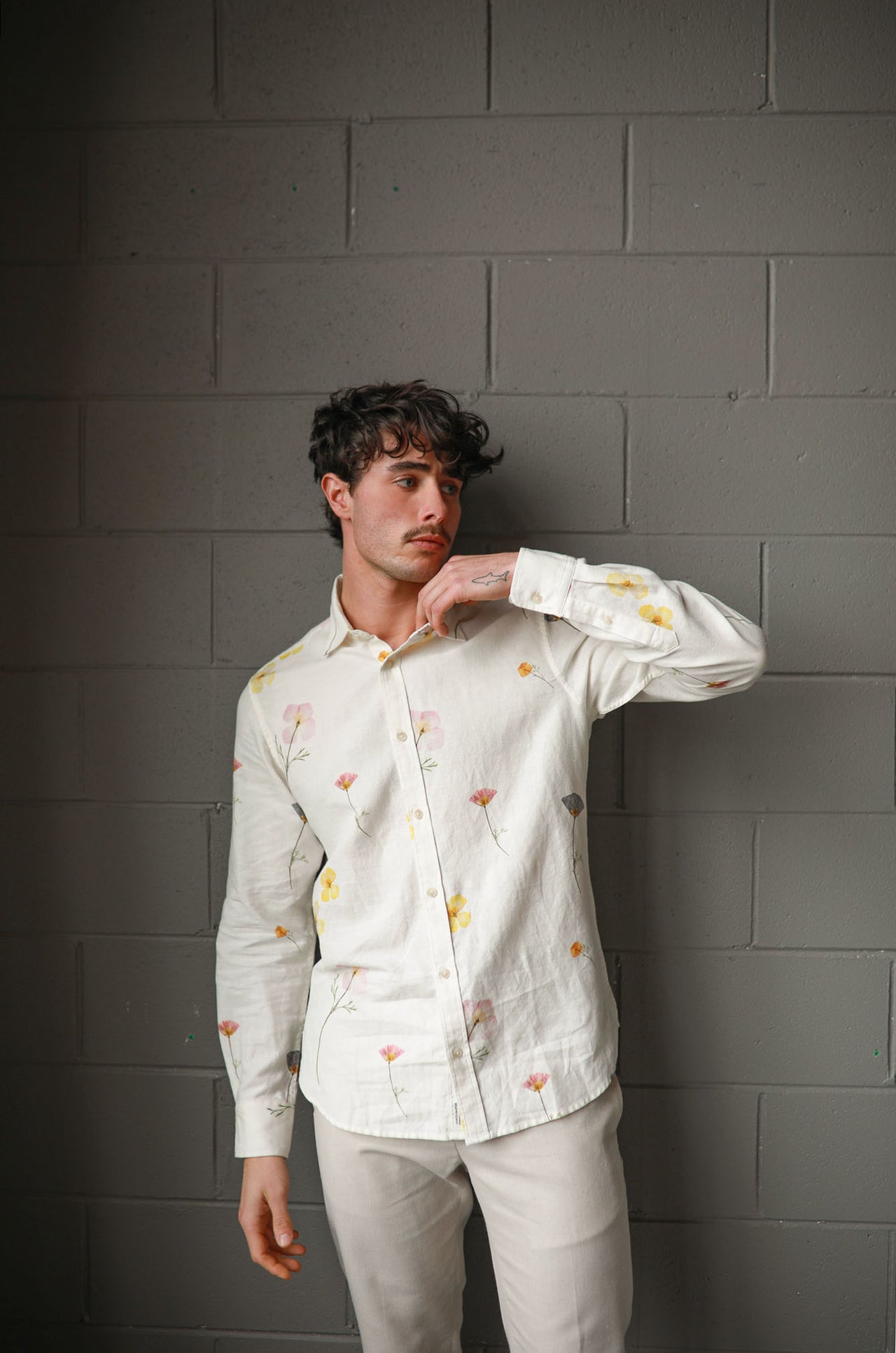 Multi Pressed Flower Long Sleeve Linen Shirt
