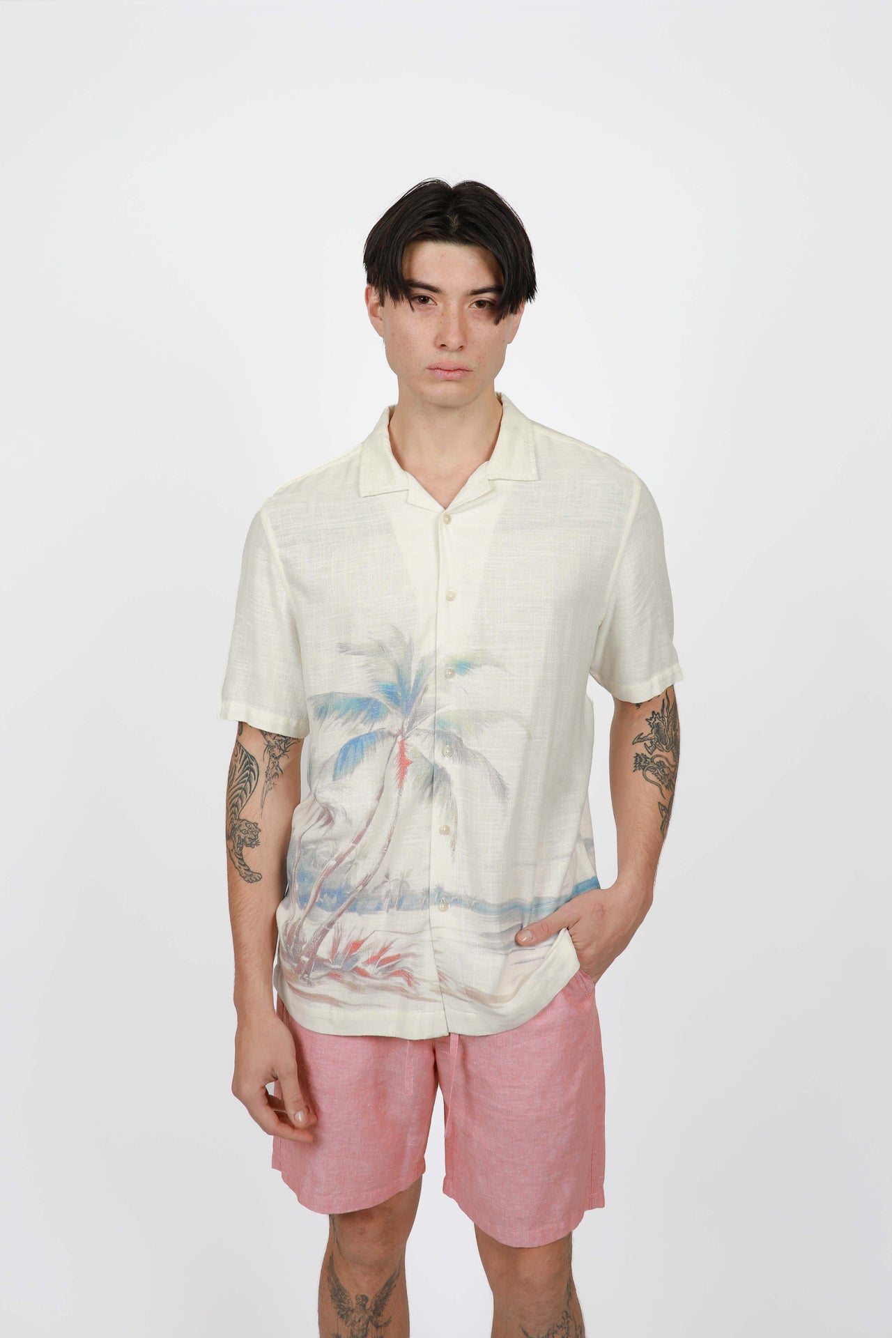 Natural Hawai Cuban Collar Linen Shirt