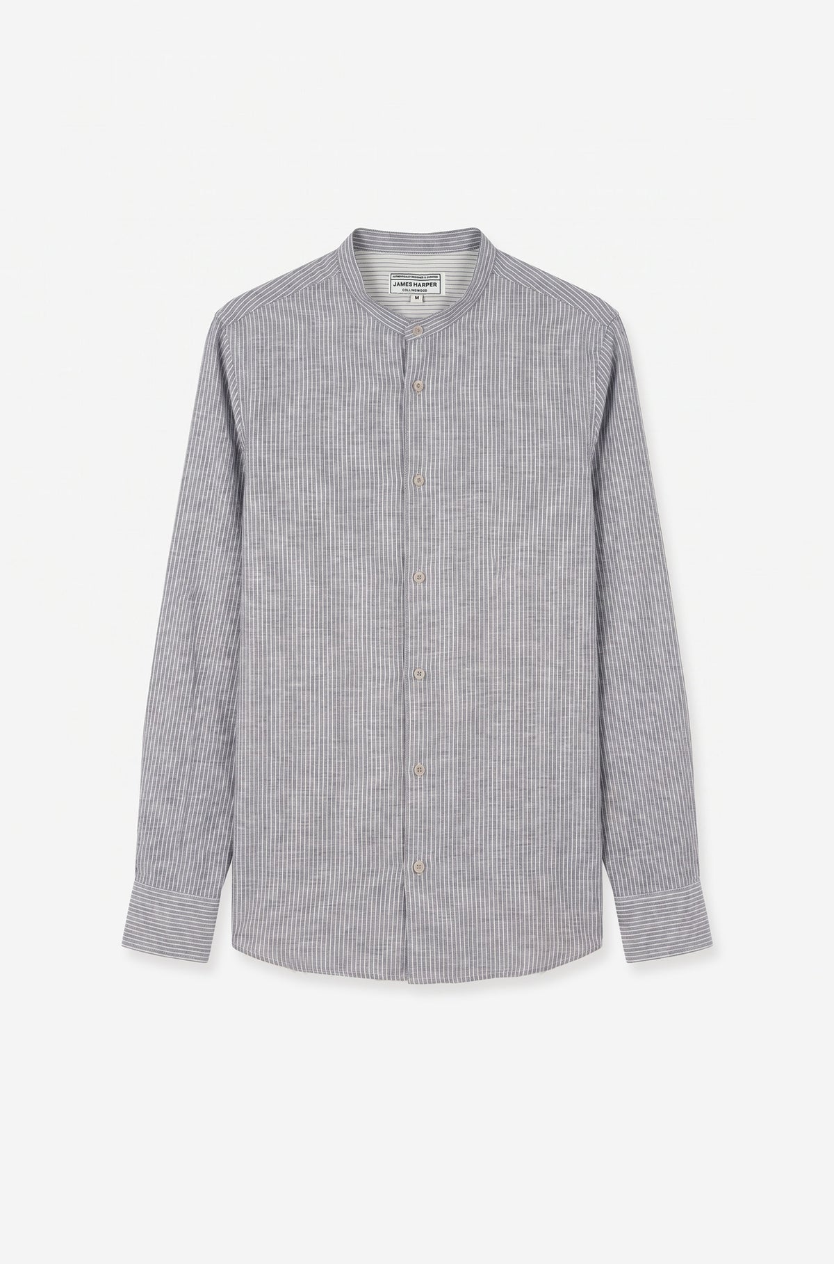 Long Sleeve Linen Blend Grandpa Collar Fine Stripe Shirt Blue