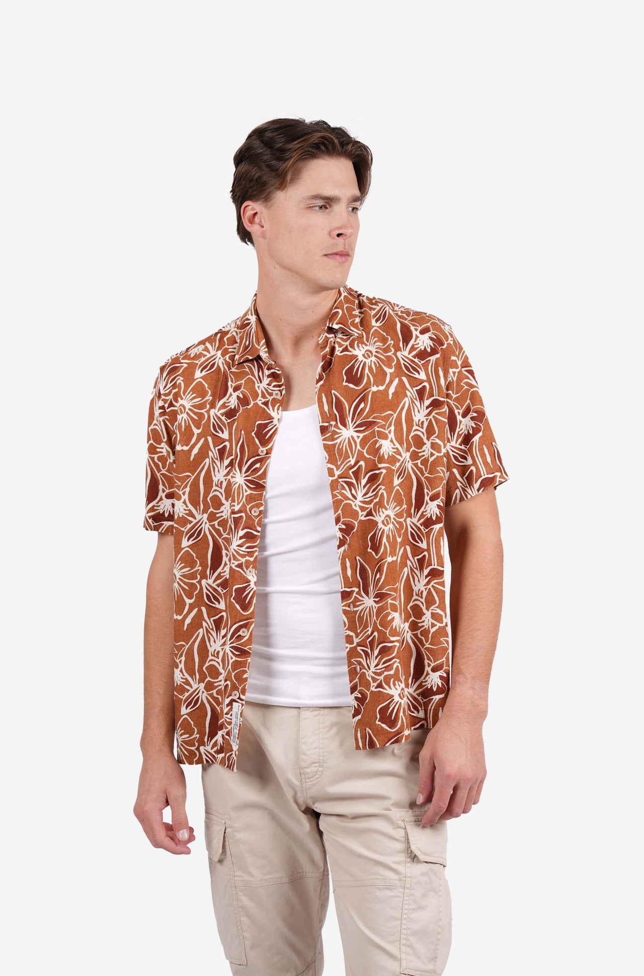 Short sleeve floral print linen blend shirt mocha
