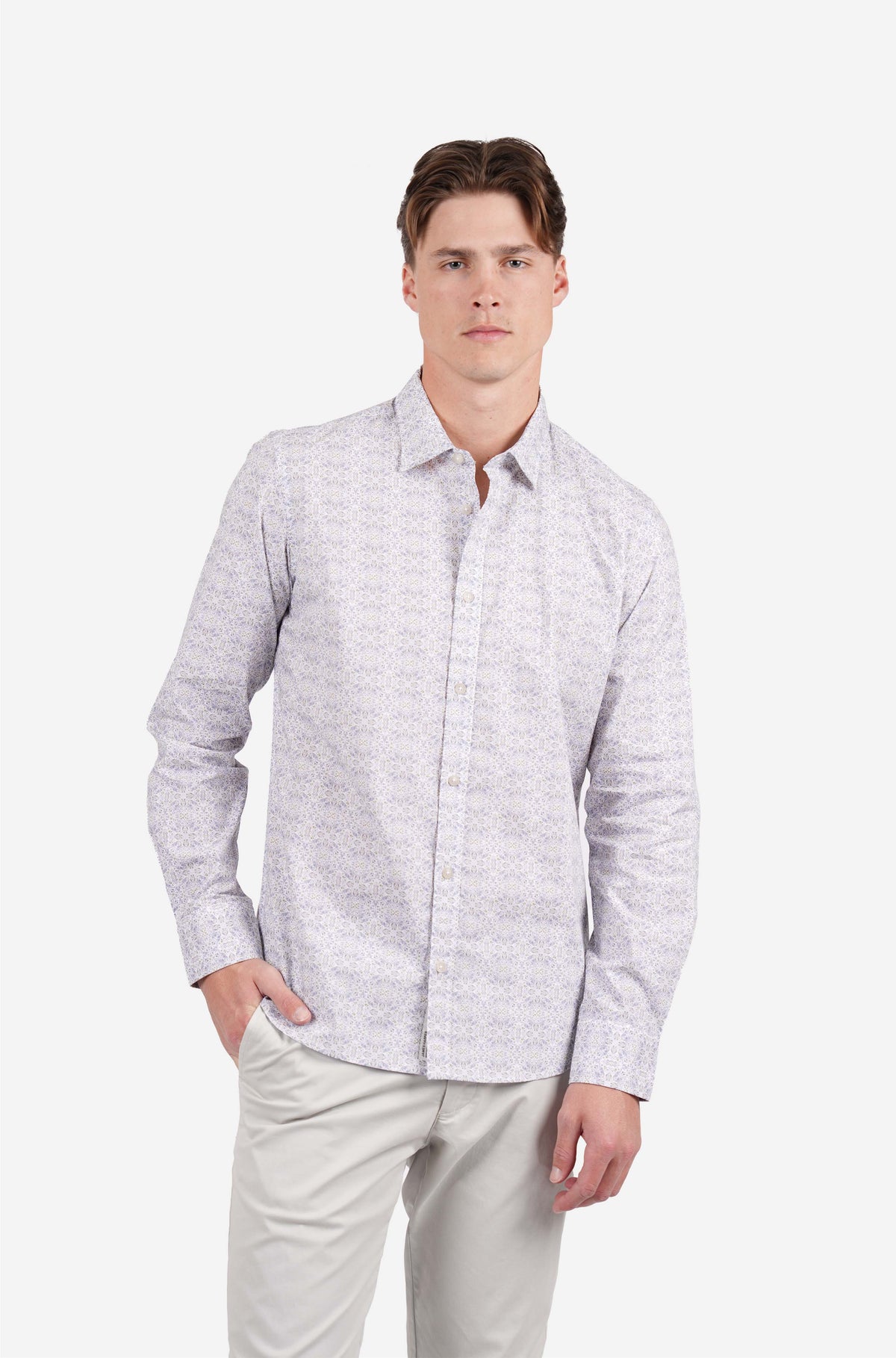 Long Sleeve Peached Cotton Poplin Print Indigo