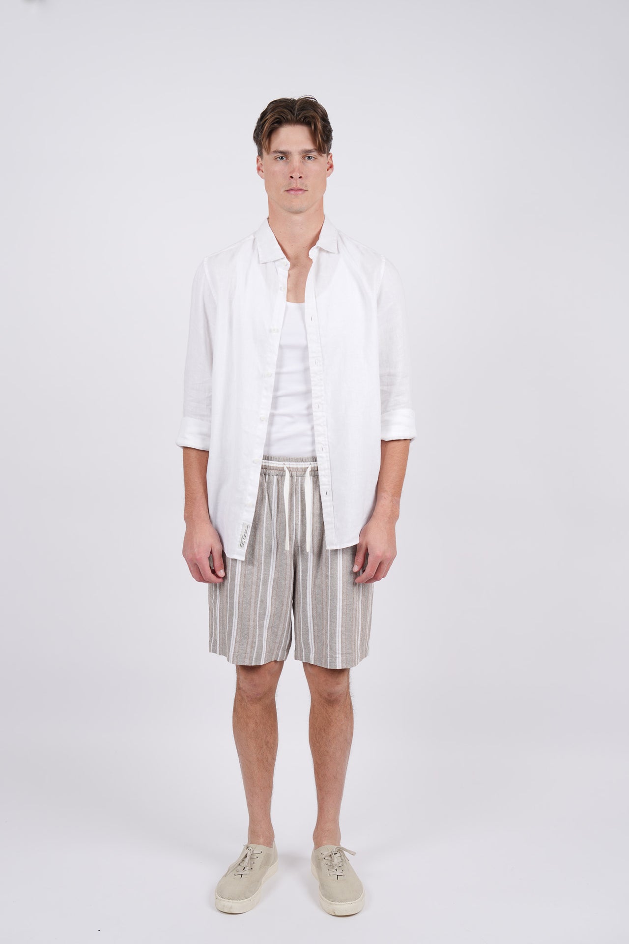 Linen Blend Elasticated Waist Relaxed Fit Stripe Short Natural