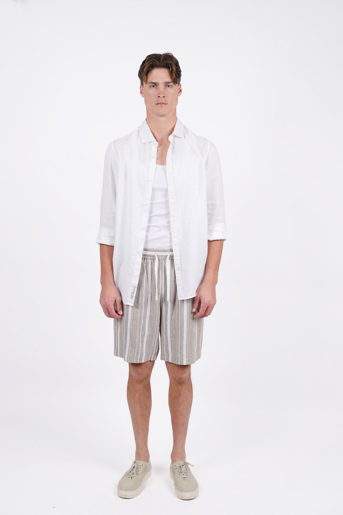 Linen Blend Elasticated Waist Relaxed Fit Stripe Short Natural