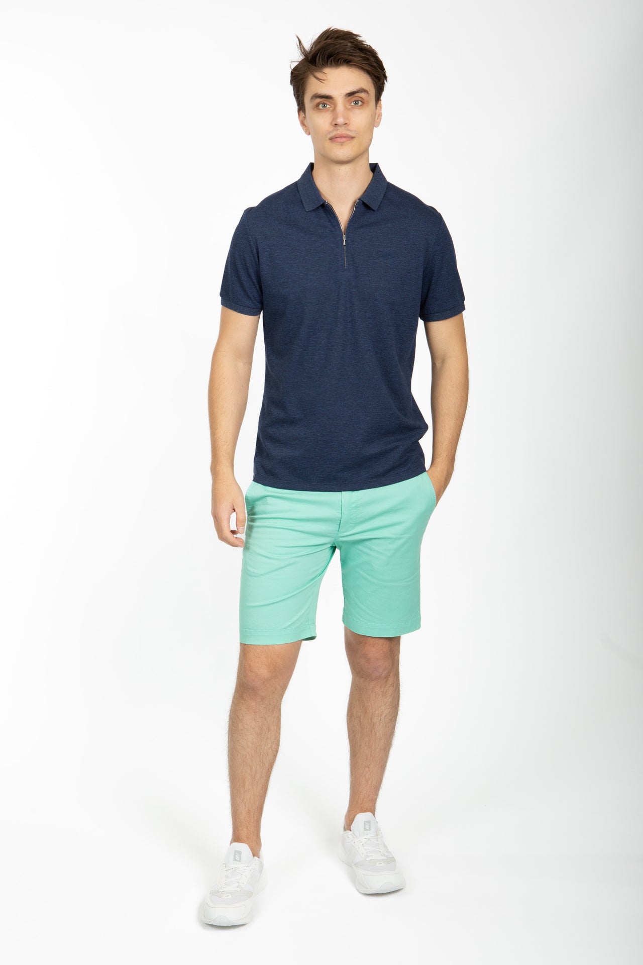 Navy Marle Cotton Pique Zip Polo