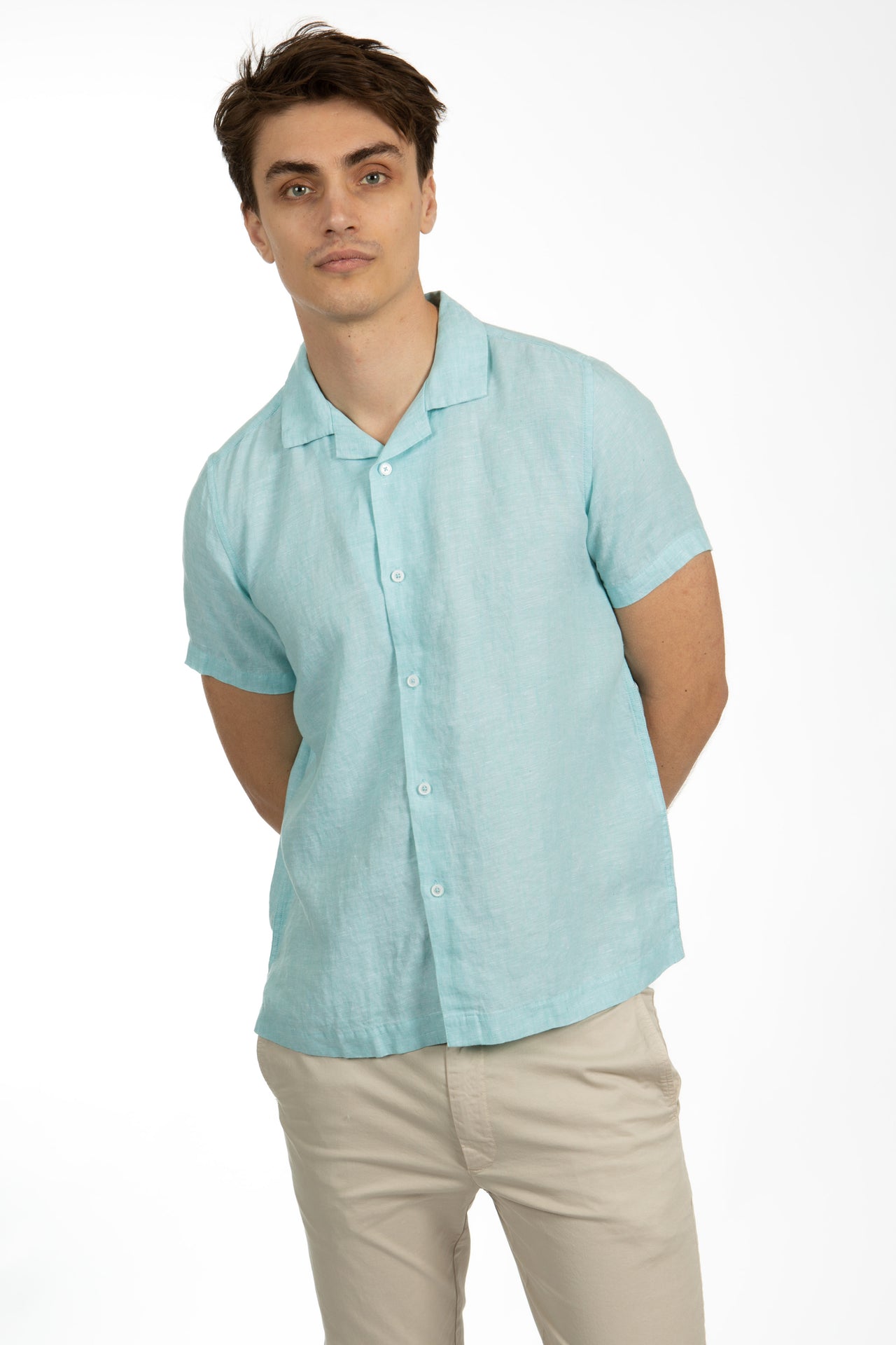 Blue Tint Short Sleeve Linen Cuban Collar Shirt