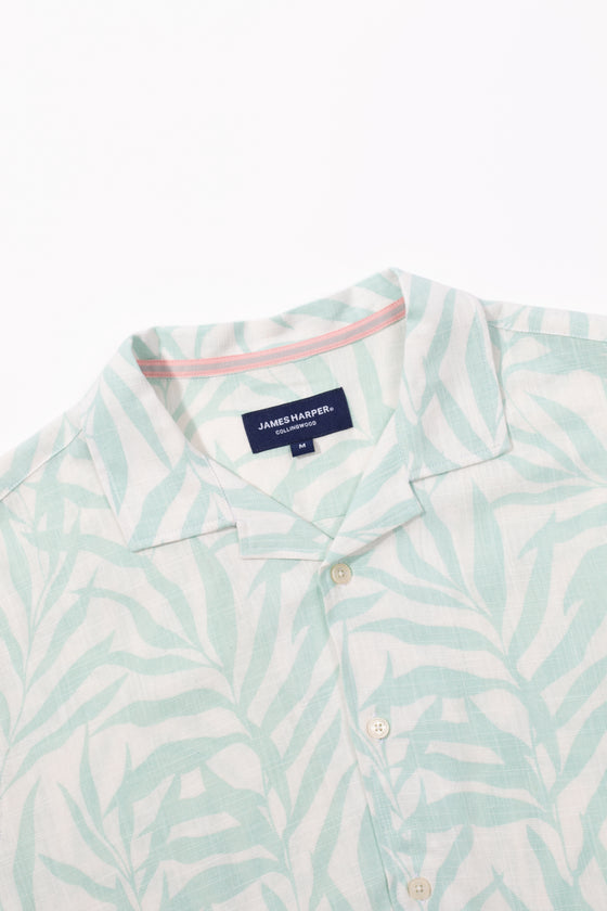 Blue Leaf Flow Cuban Collar Linen Shirt