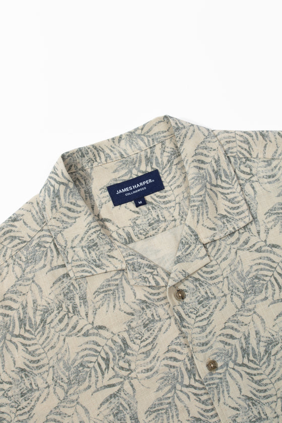 Natural Palm Pixel Cuban Collar Linen  Shirt