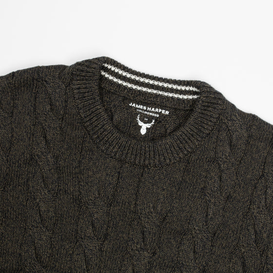 Olive Cotton Chunky Cable Crew Neck Jumper