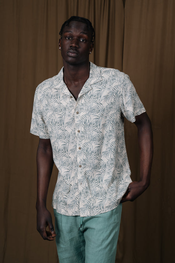 Natural Palm Pixel Cuban Collar Linen  Shirt