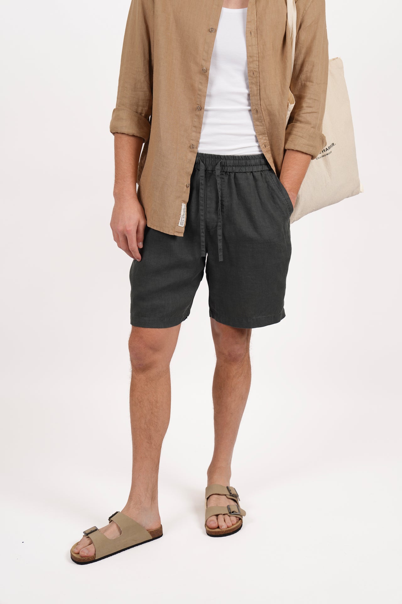 Pure Linen Elasticated Waist Relaxed Fit Garment Dyed Short Charcoal