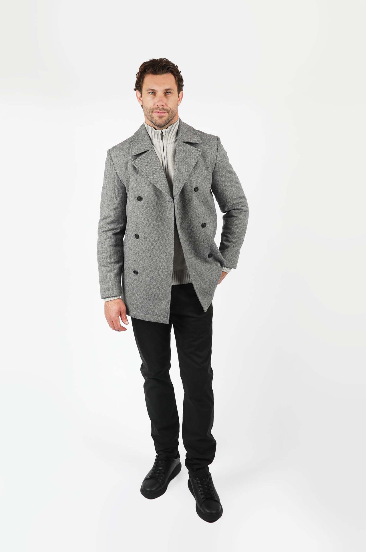 Black Mini Check Double Breasted Padded Coat