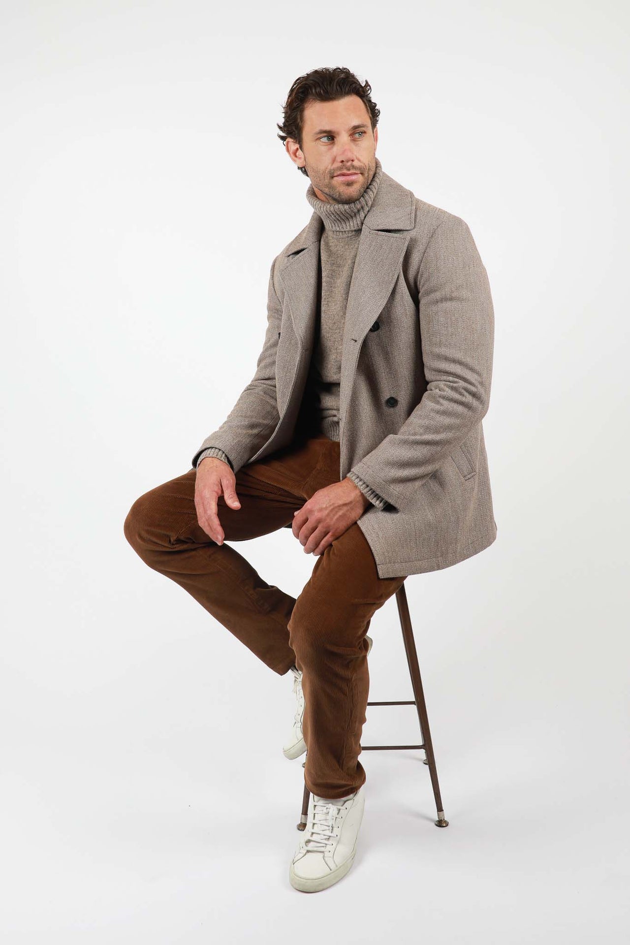 Light Brown Mini Check Double Breasted Padded Coat