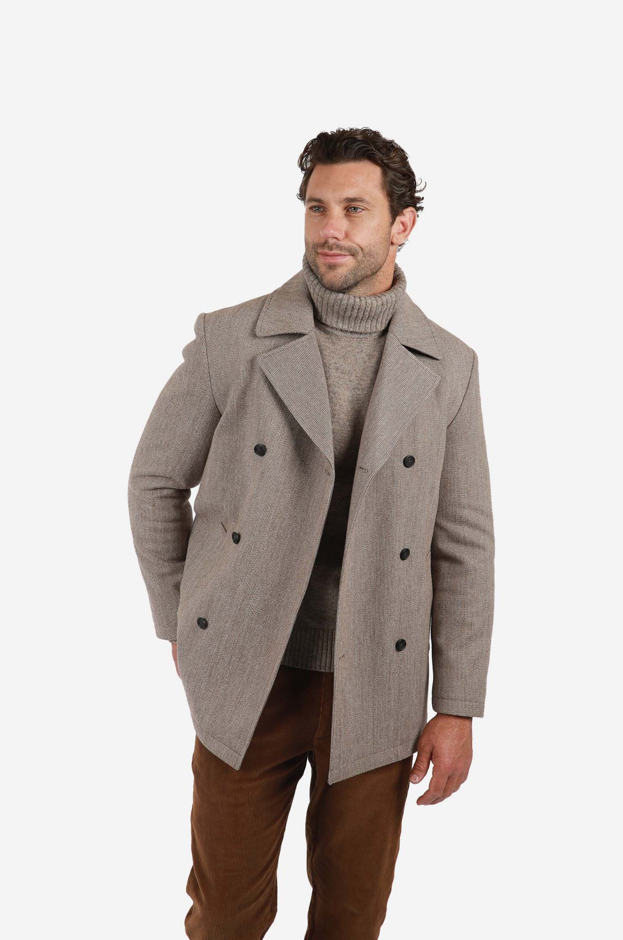 Light Brown Mini Check Double Breasted Padded Coat