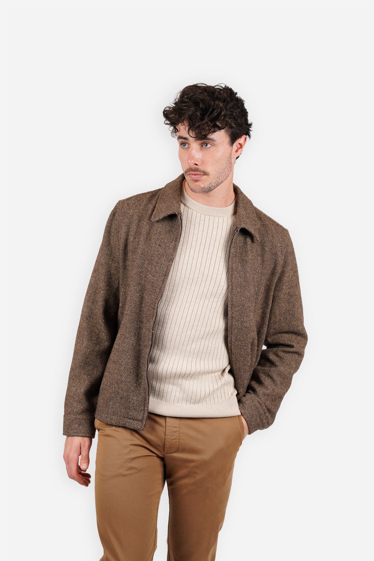 Brown Herringbone Zip Jacket