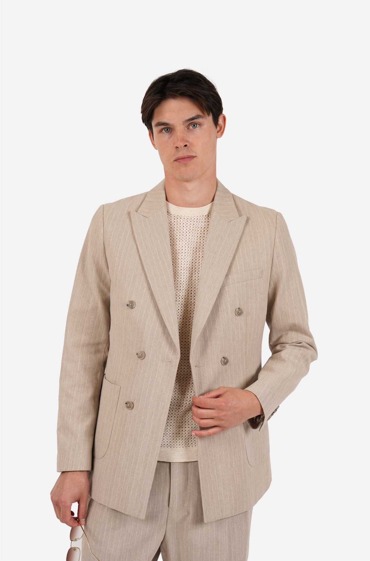 Linen Blend Double Breasted Blazer Pin Stripe Semi Lined Pebble