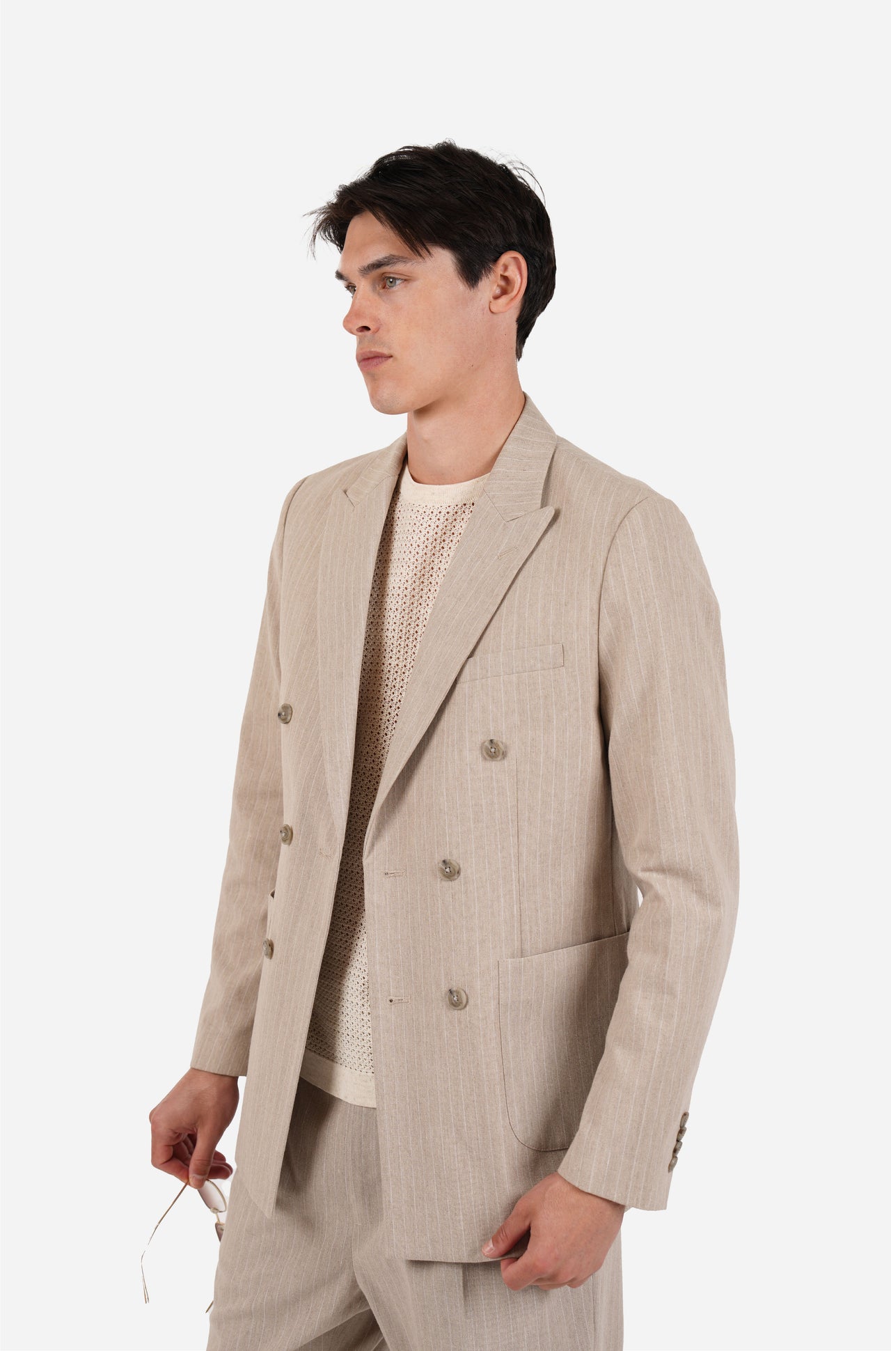 Linen Blend Double Breasted Blazer Pin Stripe Semi Lined Pebble