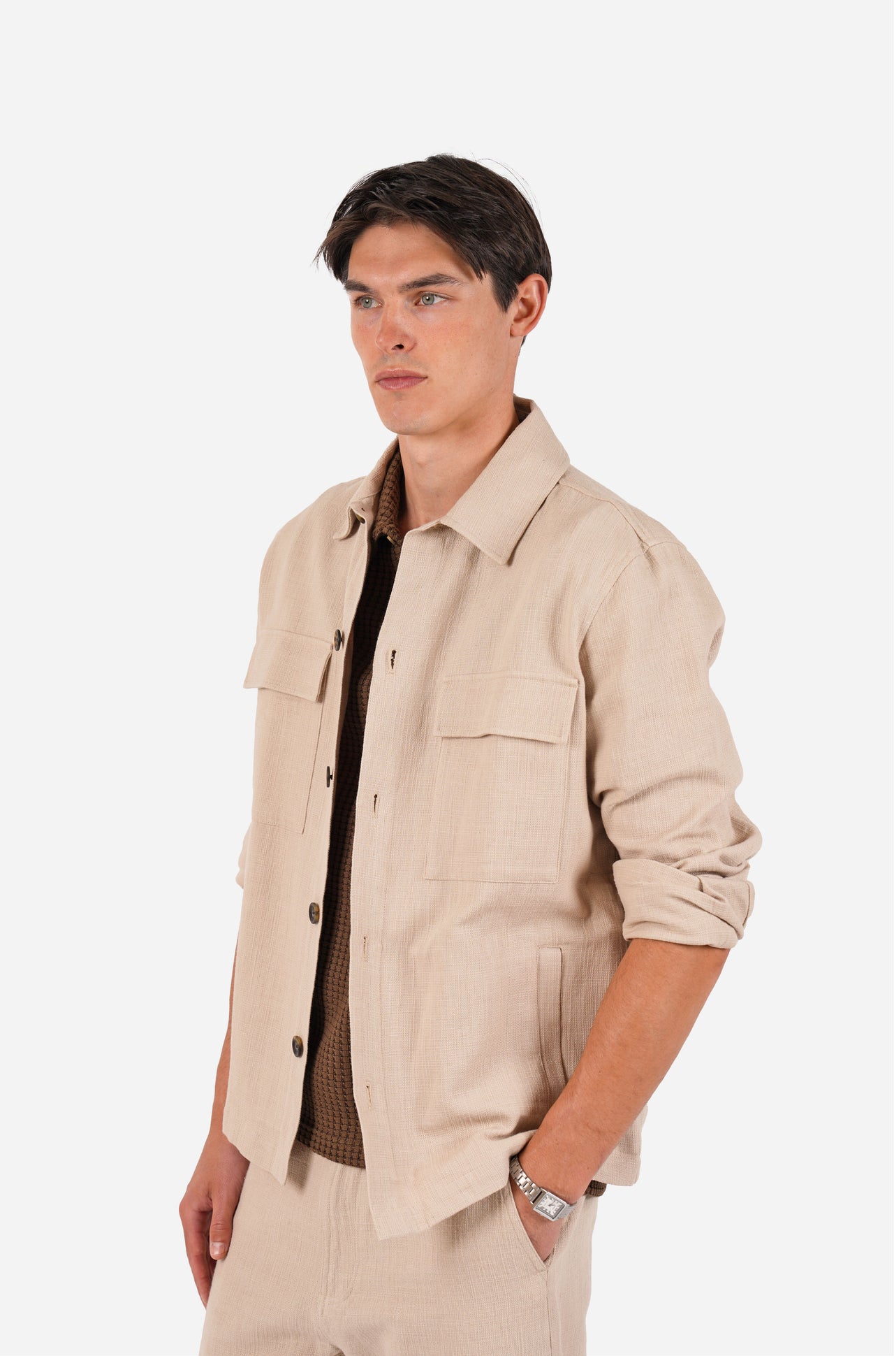 Cotton Casual Button Front Jacket Pebble