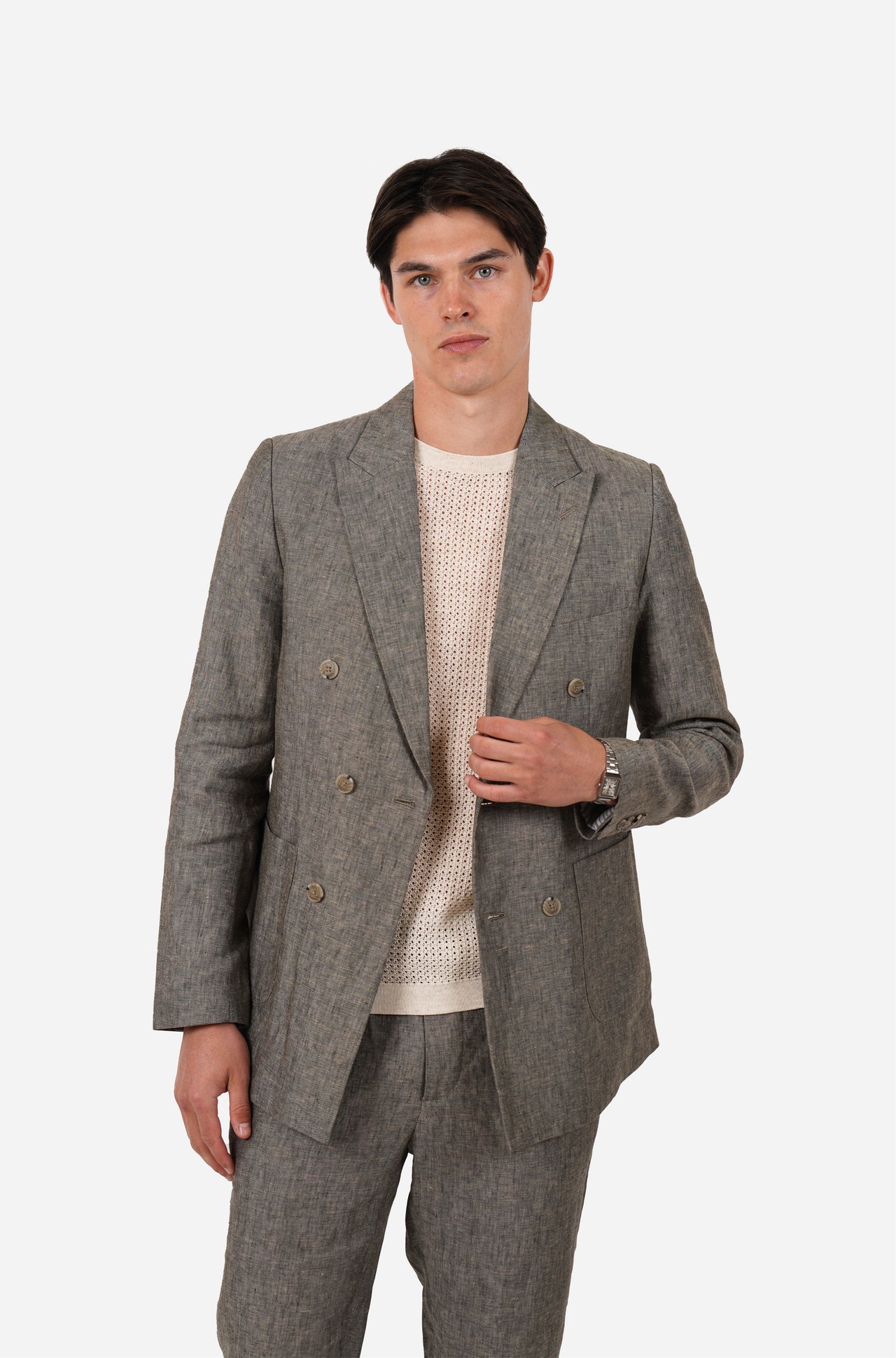 Pure Linen Double Breasted Semi Lined Blazer Olive