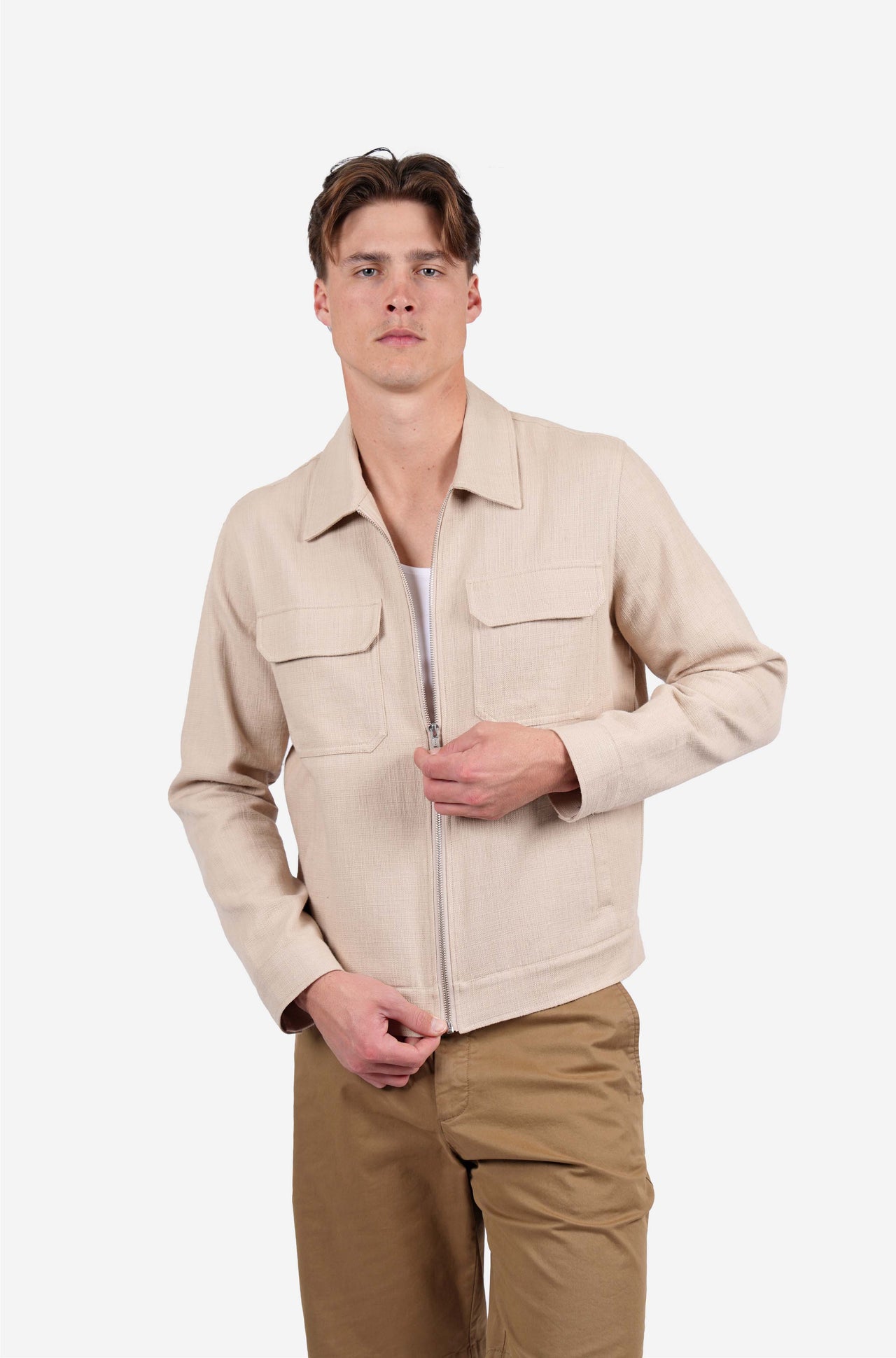 Cotton Zip Front Bomber Jacket Pebble