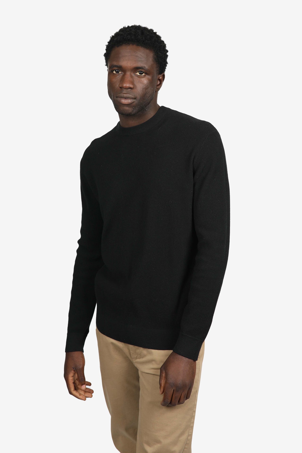 Black Cotton Waffle Crew Neck Jumper