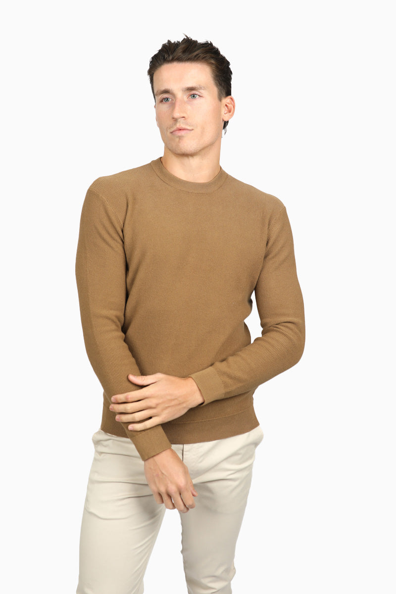 Tobacco Cotton Waffle Crew Neck Jumper