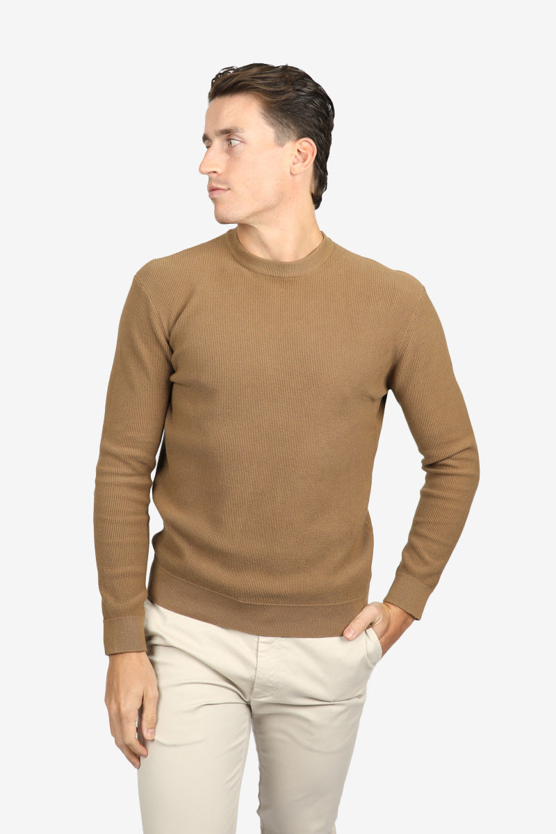 Tobacco Cotton Waffle Crew Neck Jumper